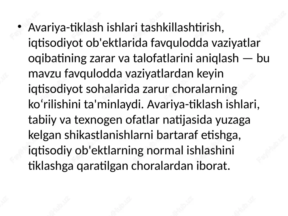 adi. tiklash ishlari va normal holatga qaytarish: tiklash jarayoni o‘z ichiga elektr energiyasi, suv, gaz ta'minoti, transport va aloqa tizimlarini qayta tiklashni oladi. shuningdek, iqtisodiyot sohalarini (sanoat, qishloq xo‘jaligi va boshqalar) odatiy faoliyatiga qaytarish muhimdir. . o‘zbekiston misolida avariya-tiklash ishlari misol tariqasida, 2016-yilda o‘zbekistonda yuksalish vohasi atrofida yirik yong‘in sodir bo‘ldi. ushbu hodisa natijasida bir qator sanoat va energetika ob'ektlari zarar ko‘rdi. tiklash ishlari quyidagicha amalga oshirildi: tezda favqulodda vaziyatlar xizmatlari jalb qilindi. zararlangan hududlar evakuatsiya qilindi. tiklash uchun yong‘in o‘chirish uskunalari va elektr energiyasi tezda ta'minlandi. iqtisodiyot ob'ektlarida favqulodda vaziyatlar oqibatining zarar va talofatlarini aniqlash favqulodda vaziyatlar iqtisodiyot ob'ektlariga katta zarar yetkazishi mumkin. bunda zarar darajasi va talofatlar turlicha bo‘lishi mumkin, lekin barchasi iqtisodiy resurslarning yitishiga, shuningdek, odamlarning hayotiga xavf soladi. zararni baholash metodlari zarar va talofatlarni aniqlash uchun turli metodlar mavjud: zarur ob'ektlarni baholash: zilzila, yong‘in, suv toshqini yoki boshqa favqulodda vaziyatlar vaqtida zarar ko‘rgan inshootlar va ob'ektlar …