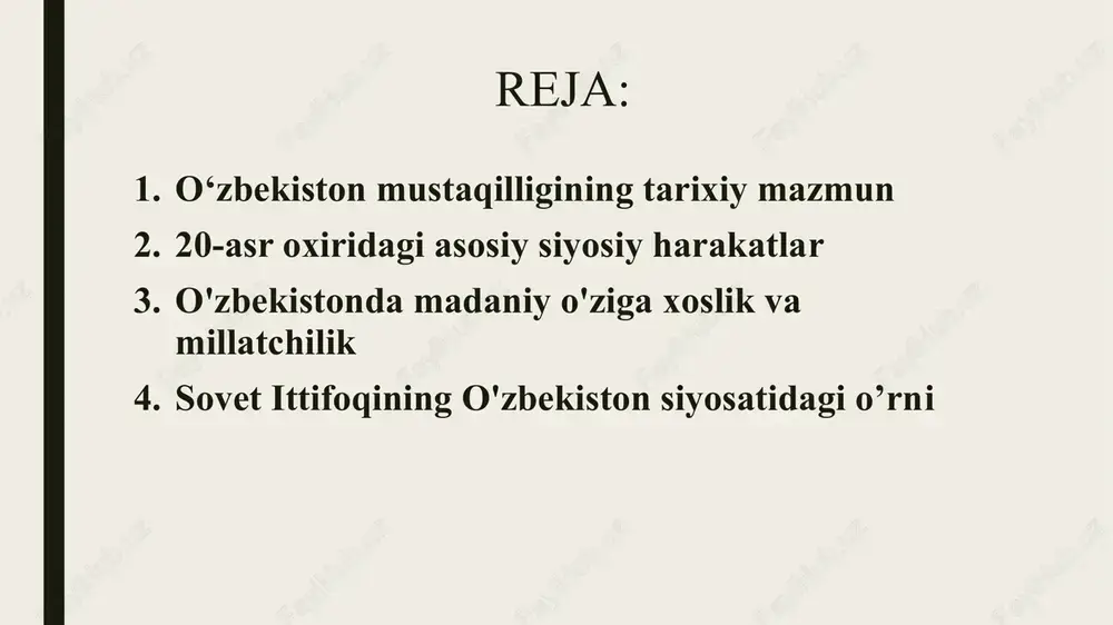 yillardan so'ng sovet hokimiyati ostida mustaqillikka erishish arafasida qoldi. mamlakat yangi mustaqillikka erishar ekan, sovet ta'sirining merosi uning ijtimoiy va siyosiy manzarasini shakllantirishda davom etdi va kelajakdagi muammolar va imkoniyatlar uchun zamin yaratdi. sovet ittifoqi oʻzbekiston siyosatini shakllantirishda katta rol oʻynadi, hukumat tuzilmasidan tortib iqtisodiy siyosatigacha taʼsir koʻrsatdi. mustaqillikka ta’sir etuvchi iqtisodiy omillar o‘zbekistonning mustaqillik sari yo‘li ijtimoiy-siyosiy to‘ntarishlar natijasida shakllandi. sovet ittifoqining qulashi ozodlikka intilishlarni kuchaytirdi o‘zbekistonning mustaqillikka erishish yo‘lida iqtisodiy omillar hal qiluvchi rol o‘ynadi. o'zini-o'zi ta'minlash va iqtisodiy barqarorlikka bo'lgan ehtiyoj muxtoriyatga intilishni kuchaytirdi bu jarayonlar o‘zbekistonning mustaqillikka intilishidagi ijtimoiy, siyosiy va iqtisodiy omillarning o‘zaro bog‘liqligini ko‘rsatdi. mamlakat global landshaftda o'z o'rnini egallash uchun qiyinchiliklarni engdi mustaqillik harakatining nufuzli yetakchilari va arboblar oʻzbekistondagi mustaqillik harakati 1980- yillar oxirida oʻz aholisi va ziyolilari oʻrtasida millatchilik va oʻz taqdirini oʻzi belgilashga boʻlgan intilish kuchayib borayotgani tufayli jadal rivojlandi mustaqillikni targ‘ib qilish, turli siyosiy guruhlar o‘rtasida hamjihatlikni ta’minlashda muhim rol …