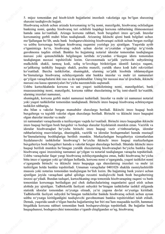 davlat ro‘yxatidan o‘tganligi to‘g‘risida» guvohnoma nusxasi; 3. davlat ro‘yxatidan o‘tganligi to‘g‘risidagi guvohnoma nusxasi; 4. imzolar va muhr izi namunalari tushirilgan 2-nusxada varaqcha; 5. ta’sis hujjatlari va unga kiritilgan o‘zgarishlar; 6. mijoz tomonidan pul hisob-kitob hujjatlarini imzolash vakolatiga ega bo‘lgan shaxsning shaxsini tasdiqlovchi hujjati. shaxsni tasdiqlovchi hujjat ko‘rsatilganda bank tomonidan uning kseronusxasi olinadi va mijozga qaytarib beriladi. tadbirkorlik faoliyati subyekti bo‘lmagan rezident yuridik shaxslar va budjetdan mablag‘ oluvchilar hisobvaraq ochish uchun hisobvaraq ochish uchun quyidagilarni taqdim qilishlari lozim: 1. hisobvaraq ochish uchun ariza; 2. korxonaning yagona davlat ro‘yxatiga kiritilganligi to‘g‘risida statistika idoralari tomonidan berilgan guvohnoma nusxasi; 3. imzolar va muhr izi namunalari tushirilgan 2 nusxada varaqcha; 4. ta’sis hujjatlari va unga kiritilgan o‘zgarishlar; 5. mijoz tomonidan pul hisob-kitob hujjatlarini imzolash vakolatiga ega bo‘lgan shaxsning shaxsini tasdiqlovchi hujjati. hisobvaraq ochish uchun arizada korxonaning to‘liq nomi, manzilgohi, hisobvaraq ochiladigan bankning nomi, qanday hisobvaraq turi ochilishi haqidagi korxona rahbarining iltimosnomasi hamda sana ko‘rsatiladi. arizaga …