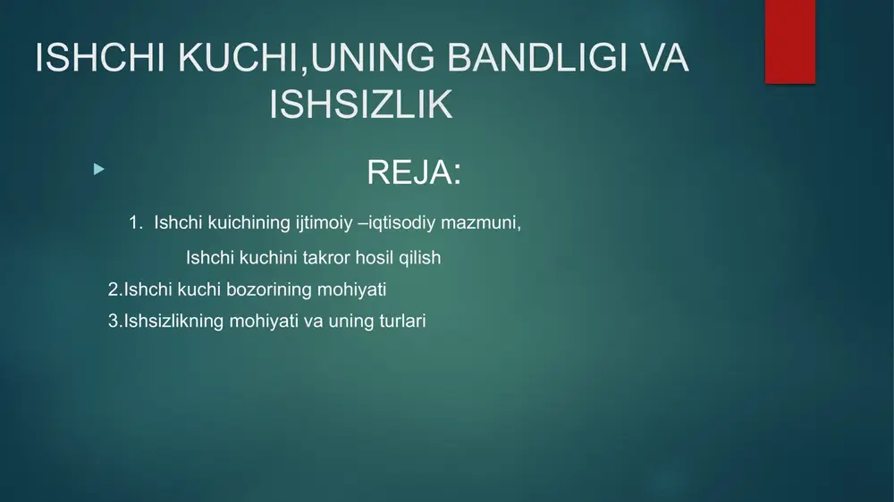 kasbiy tayyorgarlik darajasini yangilab va o‘stirib borish hamda ishchi avlodini tayyorlash kabilarni o‘z ichiga oladigan jarayondir. keng ma’noda ishchi kuchini takror xosil qilish esa quyidagilarni anglatadi: ishchi kuchining sifati uning tarkibining zamon talablari jihatidan ijtimoiy ishlab chiqarish ehtiyojlariga muvofiqligi darajasini namoyon etadi. ishchi kuchining sifati uning ma’lumot, kasbiy tayyorgarlik, malaka, ish tajribasi darajalari kabi ko’rsatkichlar orqali ifodalanadi. fan-texnika taraqqiyotining jadallashib borishi bilan ishchi kuchining sifatiga bo’lgan talab ham ortib boradi. ishsizlik mohiyati va unin turlari ishsizlik — bir qism iqtisodiy faol aholining oʻziga loyiq ish topa olmasdan qolishi va mehnat zaxirasiga aylanishi. oʻzbekistonda ishsizlik tushunchasi rasman 1992-yil "aholini ish bilan taʼminlash toʻgʻrisida"gi qonunining qabul qilinishi bilan meʼyoriy kuchga ega boʻldi (1998-yil 1 mayda ushbu qonunning yangi tahriri qabul qilindi). ishsizlik inson manfaatlariga toʻgʻridan toʻgʻri hiqaradi, kishiga jiddiy ruhiy taʼsir koʻrsatadi. friksion (oraliq) ishsizlik. siklik ishsizlik. institutsional ishsizlik. texnologik ishsizlik. hududiy ishsizlik. yashirin ishsizlik. turg’un ishsiz amaldagi iqtisodiy hayotda ishsizlik ish …