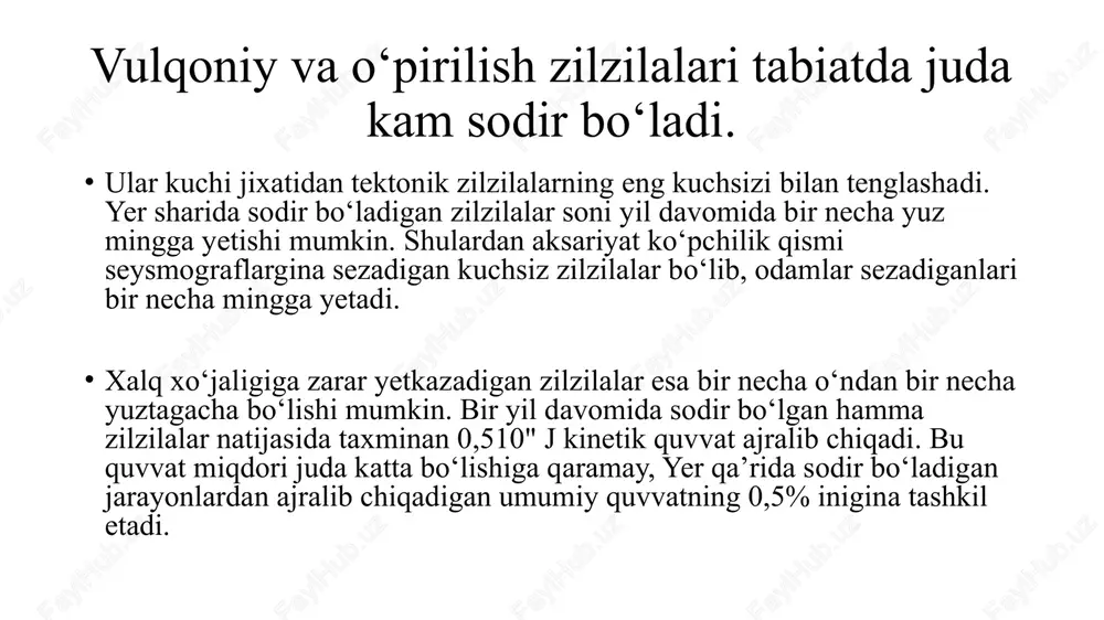 ogʻi boʻylama toʻlqinlar r harfi (birinchi toʻlqin), koʻndalang toʻlqinlar s harfi (ikkinchi toʻlqin) bilan belgilanadi. bulardan tashqari, yer yuzasida paydo boʻladigan yuza toʻlqinlar (l) mavjud. toʻlqinlar har xil tezlik bilan tarqaladi. eng tez tarqaluvchi toʻlqin boʻylama toʻlqin boʻlib, muhitda taxminan bino ichidagi odamlarning koʻpchiligi sezadi. koʻndalang toʻlqin esa oʻrtacha 5 km/s tezlikda, yuza toʻlqinlar esa eng sekin tezlikda tarqaladi. qayd qilingan toʻlqinlarning yozuviga qarab zilzila stansiyagacha boʻlgan masofani aniqlash imkonini beradi. shu maqsadda koʻndalang va boʻylama toʻlqinlar orasidagi vaqtning uzoqligiga bogʻliqligi har xil hudud uchun oʻrganiladi. mavzu: zilzilani aniqlovchi qurilmalar. reja : kirish. 1. zilzilaning yuzaga kelish sabablari. 2. zilzilani aniqlovchi qurilmalar. 3. golitsin seysmografi. zilzilaning yuzaga kelish sabablari. yer silkinishi yuzaga kelish sabablariga koʻra quyidagi guruhlarga boʻlinadi: tektonik zilzilalar; vulqon zilzilalari; agʻdarilish, oʻpirilish zilzilalari; texnogen (insonning muhandislik faoliyati bilan bogʻliq) zilzilalar. yuqorida qayd etilgan yer silkinishi turlari ichida katta maydonga tarqaladigani va eng ko'p talofat keltiradigani tektonik yer silkinishidir. …