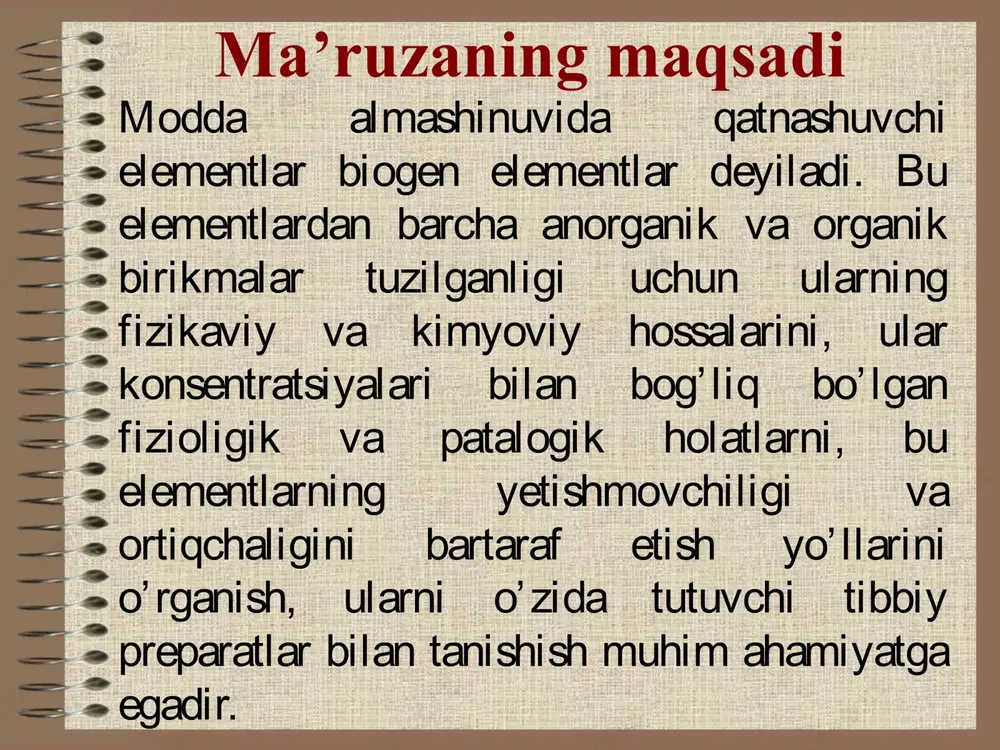 kibiga kiradi. mikroelementlarni inson tanasida taksimlanishi bosh miyada aniklangan elementlar - alyuminiy, vismut, vanadiy, yod, kremniy, mis, marganets, molibden, nikel, kalay, simob, kumush, kurgoshin, titan, xrom, ftor i rux. jigarda - mis, rux, marganets, alyuminiy, titan, kremniy va nikel buyrakda - alyuminiy, yod, marganets, mis, nikel, kalay, kurgoshin, titan, xrom, ftor, rux va b. talokda - alyuminiy, brom, yod, marganets, mishyak, mis, simob, kurgoshin, titan, xrom va rux mikroelementlarni inson tanasida taksimlanishi konda 30 ga yakin elementlar topilgan. ularning kupchiligi oksillar bilan boglangan xolda buladi. masalan mis, rux, temir va b. kaltsiy, natriy, kaliy, litiy konda ionli xolda, oksilga boglanmagan xolda uchraydi. mushaklarda (inson tanasining 42%) - kupchilik mikroelementlar mavjud jinsiy bezlarda - yod, molibden, kurgoshin, titan, ftor va rux. oshkozon osti bezida - rux, nikel, ozz mikdorda kobalt. buyrak usti bezlarida - brom, yod, kremniy, titan, kurgoshin, xrom, rux. ba'zi bir elementlarni organizmning turli xil a'zo va tukimalarida normal …