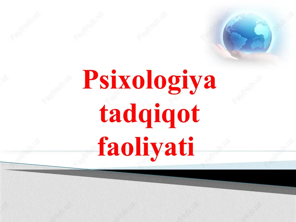 ritish uchun ishlatiladigan aniq usul va vositalar majmuidir. psixologik-tadqiqot dasturi pilotaj tekshiruv o’tkazilgandan keyin aniqlashtirib olinadi. psixologiyada qo’llaniladigan metodlar ikkita katta guruhga ajratiladi. ma’lumot to’plash metodlari ma’lumotlarni qayta ishlash metodlari ma’lumotlarni qayta ishlash metodlari (natijalarni nazariy va mantiqiy qayta ishlash usullari, matematik statistika metodlarini qo’llash). asosiy metodlar asosiy metodlarning variantlari kuzatish metodi tashqi (ob’ektiv kuzatish) ichki (sub’ektiv, o’z-o’zini kuzatish) erkin kuzatuv standartlashtirilgan guruh ichida kuzatish guruh tashqarisida kuzatish so`roq metodi og’zaki so’roq yozma so’roq erkin so’roq (suhbat) standartlashtirilgan so’roq testlar metodi test – so’rov test - topshiriq proyektiv test sotsiometrik test ekspriment tabiiy eksperiment laboratoriya eksperimenti modellashtirish matematik modellashtirish mantiqiy modellashtirish texnik modellashtirish kibernetik modellashtirish hujjatlarni o`rgabish metodi ijtimoiy o’rganish psixologik o’rganish motivatsion o’rganish klassifikatsion o’rganish kontnent- analiz metodi matnni analiz qilish abzatslarni analiz qilish iboralar, tushunchalarni analiz qilish psixologiyaning asosiy metodlari psixologiya ilmiy tadqiqot metodlari. kuzatish tashqi kuzatish ichki kuzatish eksperement tabiiy laboratoriya suhbat, biografiya intervyu anketa umumiy psixologiyada …