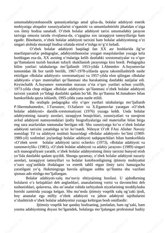 i bag’rida navqiron avlodda rus mustamlakachiligiga qarshi fikr uyg’otish va uni o’zligini anglash, o’z erki, vatan ozodligi yo’lida istiqol jangchisi sifatida shakllanishi uchun ma’rifat asoslarini egallashga chorlovchi yangi adabiy hodisa tarzida paydo bo’lgan o’zbek bolalar adabiyoti endilikda o’zbek xalqining o’ziga xos milliy boyligiga aylandi. garchi uning g’oyaviy-badiiy saviyasiga hamon ahyon-ahyonda shubha bilan qarovchilar topilsa-da, u allaqachon umumjahon bolalar adabiyoti o’zanidan munosib joy egallay oldi. talay namunalari mamlakatimiz sarhadlaridan tashqarida sevilib o’qilayotir. bir asrdirki, o’zbek bolalar adabiyoti yosh naslning ma’naviy sog’lom o’sishida muhim omillardan biriga aylanib xizmat qilayotir. biroq hanuzgacha bolalar adabiyoti istilohi asosida ham adabiy hodisa, ham bolalar adabiyoti haqidagi fan-ilmiy hodisa tushunib kelinmoqda. holbuki, bolalar adabiyotining paydo bo’lish omillari, taraqqiyot tamoyillari va qonuniyatlari, g’oyaviy-badiiy xususiyatlarini ilmiy asosida izchil va yaxlit tizim sifatida o’rganadigan fan-o’zbek bolalar adabiyoti tarixidir. bu fan umumadabiyotshunoslik qonuniyatlariga amal qilsa-da, bolalar adabiyoti estetik mohiyatiga aloqador xususiyatlarini o’rganishi va umumlashtirishi jihatidan o’ziga xos ilmiy hodisa sanaladi. o’zbek …