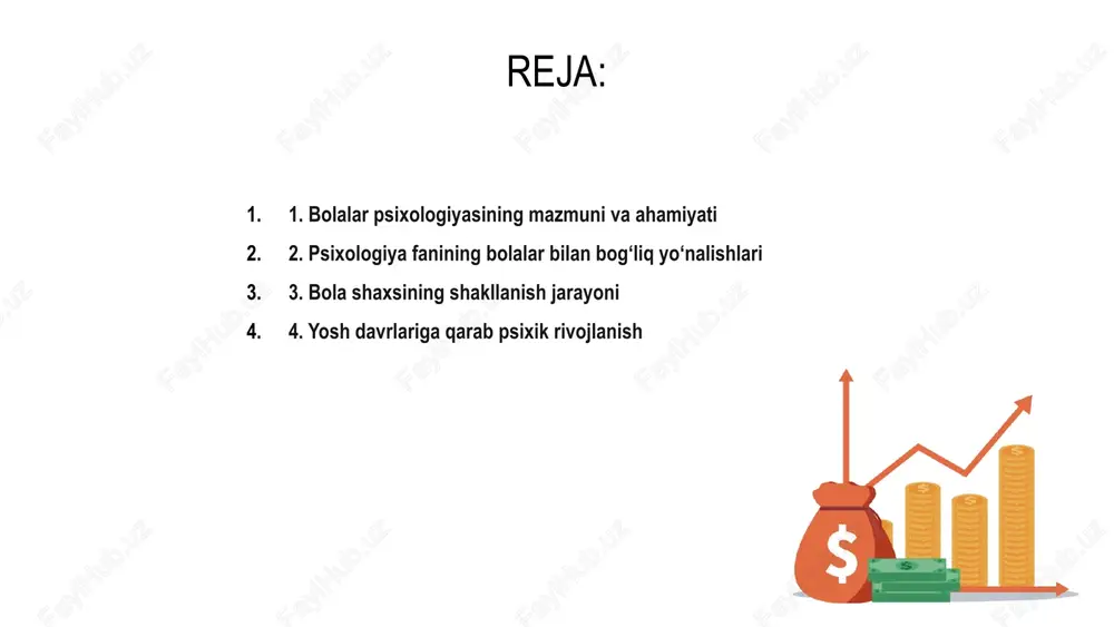 onning psixik rivojlanish bosqichlarini oʻrganadi. bu fan bolalarning turli yosh davrlarida qanday oʻzgarishini tushunishga yordam beradi. yosh davrlariga ko‘ra psixik rivojlanish o‘ziga xos xususiyatlarga ega bo‘ladi. har bir bosqichda bola shaxsiy rivojlanishga intiladi. maktabgacha yoshdagi bolalarda nutq va ijtimoiy ko‘nikmalar shakllanadi. maktab yoshida esa tafakkur hamda diqqat kuchayib boradi, muhim bosqich hisoblanadi. 5. bolalar psixologiyasida kuzatuv va eksperiment usullari bolalar psixologiyasida ilmiy tadqiqotlar olib borishda kuzatuv usuli muhim rol o‘ynaydi. ushbu usul bola xulqini tabiiy holatda o‘rganadi. kuzatuv usuli orqali psixologlar bolalarning hissiy, ijtimoiy va kognitiv rivojlanishini baholab, individual xususiyatlarni chuqur tahlil qilishga erishadilar. eksperiment usuli esa boshqariladigan sharoitda bola reaksiyalarini o‘rganishga imkon beradi. bu usul sabab-oqibat bog‘liqliklarini aniqlashga yordam beradi. c b a 6. oila va tarbiyaning bolaning psixologik rivojiga ta'siri oila bolaning psixologik rivojida muhim o‘rin tutadi. dastlabki tajribalar, hissiy munosabatlar aynan oilada shakllanadi va saqlanadi. tarbiyaviy uslublar bolaning xarakteri, o‘ziga bo‘lgan ishonchi va boshqa shaxsiy sifatlarning rivojlanishiga …