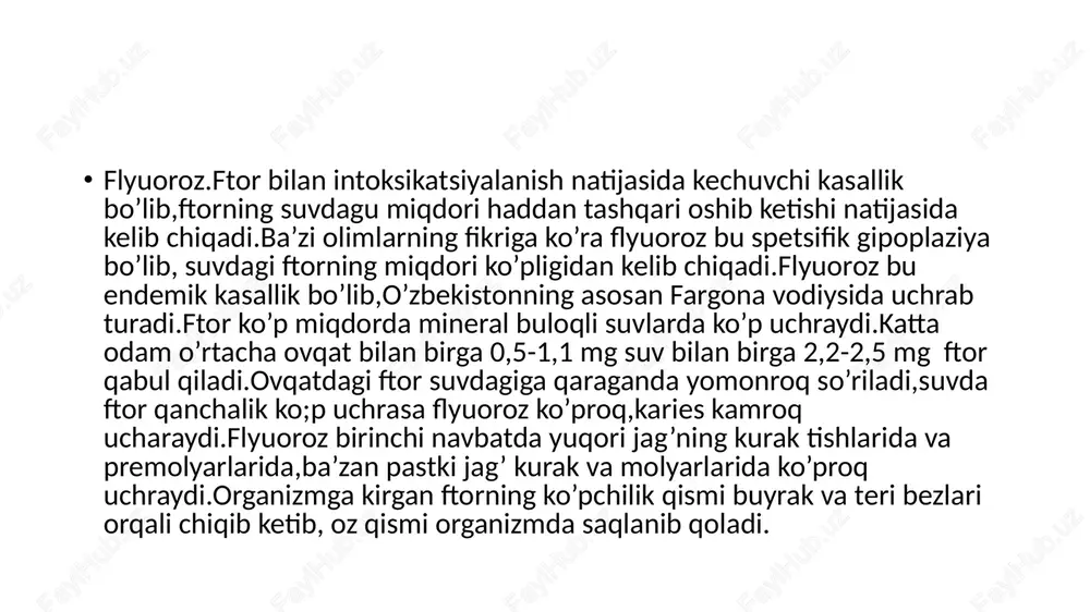 ing miqdori ozgina oshib ketsa faqat kurak tishlari, ko’proq oshganda esa qolgan tishlar ham zararlanadi.normada ftorning miqdori 1mg/l ni tashkil etishi kerak.agar suvda 1-1.5mg/l miqdorda bo’lsa 30% aholida, 1,5-2mg/l bo’lganda esa 40% aholida, 2-3mg/l bo’lganda esa 80-90% aholida uchraydi.kattalarda uzoq vaqt davomida ftor ko’p bo’lgan suvni iste’mol qilinishi shakllangan tish emalida hech qanday o’zgarishlarga olib kelmaydi.agar ftorning miqdori 6mg/l bo’lsa, unda shakllangan tish emalida ham o’zgarish ketishi mumkin. issiq iqlimli mamlakatlarda suvdagi ftorning miqdori 0,5-0,7mg/l bo’lganda ham flyuoroz kelib chiqishi mumkin.bu organizmga suvning ko’p miqdorda va tez-tez kirishi bilan bog’liq. kechishiga ko’ra: shtrixsimon,dog’simon,bo’rsimon-krapchatiy,eroziv,destruktiv shakllari farqlanadi.birinchi 3 shakli tish to’qimasini yo’qotilmasligi,eroziv va destruktiv tish qattiq to’qimasini yo’qotilishi bilan kechadi. shtrixsimon shakli kichik bo’rsimon chiziqlar paydo bo’lishi bilan kechadi.chiziqlar ba’zan aniq-tiniq, ba’zan xira, tish yuzasi quritilganda yaxshi ko’rinadi.chiziqlar birlashib dog’ hosil bo’lishiga olib keladi,shtrixli shakli yuqori jag’ kurak tishlarining vestibulayar yuzlarida ko’proq uchraydi. dog’li shakli yaxshi ifodalangan bo’rsimon dog’larning namoyon bo’lishi bilan …