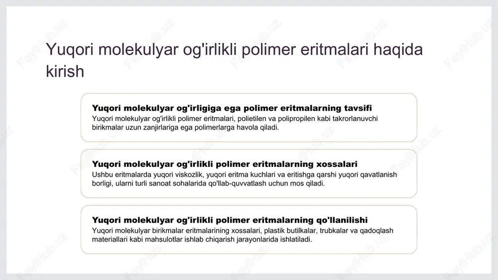 ishi mumkin. yuqori molekulyar og'irligiga ega polimerlar, qayta ishlash texnologiyalari uchun juda muhim bo'lgan eritma kuchiga ega bo'ladi, masalan, qopqo chiqarish va ekstruziya uchun. qon viskoziteti va uning qayta tashqiyoatga ta'siri 1 qon viskozitetini tushunish qon viskoziteti, qon oqsillarida qanday qilib osonroq oqishini ta'sir qilishi mumkin bo'lgan qonning qalinligi va lipkasi haqidagi ma'lumotlardir. 2 faktorlar qon viskozligini ta'sir qiladimi faktlar, hematokrit darajalari, plazma proteinlari va harorat qon viskozitasini ta'sir qilishi mumkin, bu esa potentsial qon o'tkazish muammolariga olib kelishi mumkin. 3 yuqori qon viskozligining natijalari yuqori qon viskozligi qon oqimining kamayishiga, tromb (qon tomirlarining tuzilishi) xavfi oshishi va hipertoniya va kardiovaskulyar kasalliklar kabi potentsial murakkabliklarga olib kelishi mumkin. polimer eritma davranishi farqli sharoitlarda 1 2 3 viskozlik harorat bilan o'zgaradi shear tezligining oqim xossalari ustida ta'siri molekulyar og'irligining oqim xossalari ustiga ta'siri polimer eritmasining viskozligi harorat oshishiga qarab kamayadi, bu esa oson oqim va ishlashga olib keladi, lekin yuqori haroratlarda …