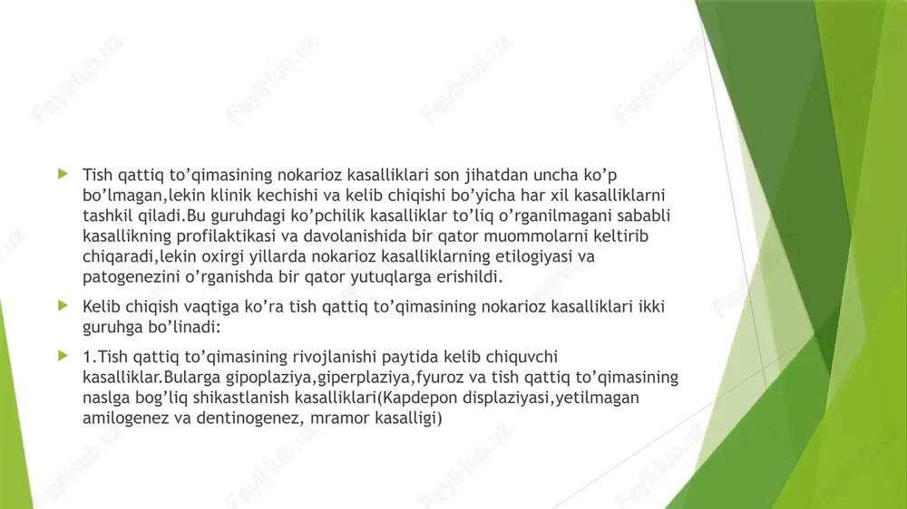 lishini tishning shakllanish davrida bo’lishidir. ko’pchilik olimlarning fikricha gipoplaziya bolalik davrida raxit,ogir infeksion kasalliklar,oshqozon-ichak traktining buzilishi(dispepsiya),endokrin bezlarining yaxshi ishlamasligi(ayniqsa qalqonsimon bez oldi bezi) kabilar natijasida kelib chiqadi.gipoplaziya ameloblastlar funksiyasining buzilishi,og’ir holatlarda odontoblastlar funksiyasini buzilishi natijasida kelib chiqadi. gipoplaziya sut va doimiy tishlarda birdek kuzatiladi.asosan sut tishlarda kamroq uchraydi.bu ko’pincha tishlarning shakllanish vaqti bilan bog’liq bo’ladi.homila ichi davrida shakllanadigan sut tishlarining gipoplaziyasi homilador ayol organizmidagi buzilishlar bilan bog’liq,doimiy tishlarning gipoplaziyasi(qaysiki doimiy tishlar bola tug’ilgandan keyin 5-6 oyligida shakllanishi boshlanadi) bola organizmidagi og’ir buzilishlar bilan bog’liq. tish toj qismining qayerida va zararlangan tishning qaysi guruhga mansubligini hisobga olib, bolaning qaysi yoshda kasallikni boshdan kechirganligini bilsa bo’ladi.bola tug’ilgandan so’ng ilk oylarida kasalliklari natijasida markaziy kurak tishlarining kesuv qirralari va oltinchi tishlarning do’mboqlarida gipoplaziya rivojlanadi,chunki ularning shakllanishi bola tug’ilgandan so’ng 5-6 oyligida boshlanadi.8-9 oyligida yon kurak tishlari va qoziq tishlari rivojlanadi.bu paytda kasallanishda gipoplaziya yon kurak tishlar va qoziq tishlarning kesuv qirralarida,markaziy kurak va …