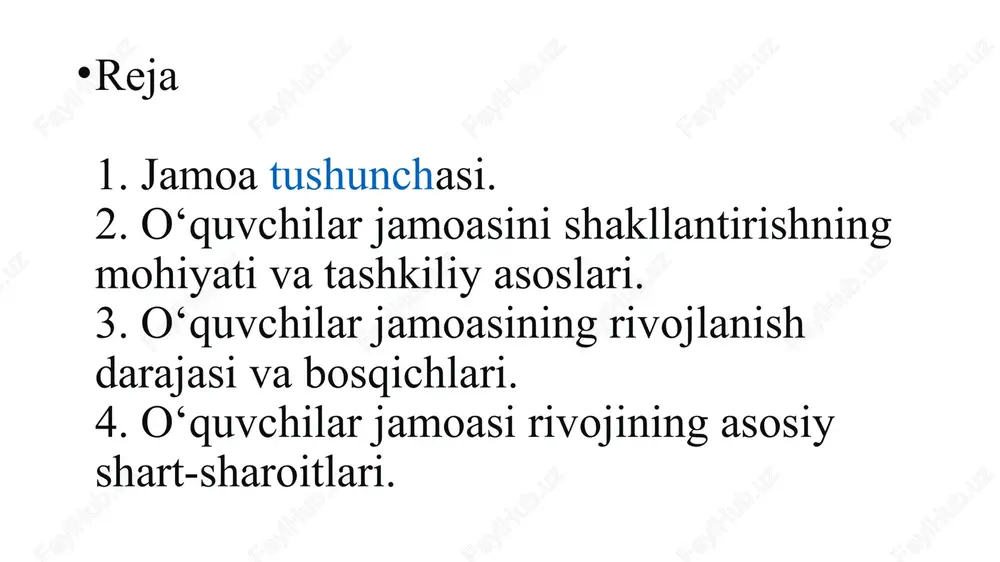 talab faqat o’qituvchilar tomonidan qo’yiladi. bu jamoa rivojlanishining boshlang’ich nuqtasidir. ushbu davrdagi jammoa hali tarbiyalovchi jamoa bo’lmay, balki «tashkil etuvchi birlik» (sinf yoki guruh) hisoblanadi. ushbu bosqichda o’quvchilar o’qituvchi tomonidan talablarning qo’yilishiga e’tiborsiz qaraydilar. jamoa a’zolarining uzluksiz ijodiy faoliyatini tashkil qilish va ularni muayyan (yagona) maqsad atrofida birlashtirishga erishish orqalig’igina jamoa qaror topadi. ikkinchi bosqichda jamoaning muhim ishlarini o’quvchilar tomonidan mustaqil rejalashtirilishi, tadbirlarni o’tkazishga tiyyorgarlik, uni o’tkazish hamda faoliyat natijalarini muhokama qilish jamoa faoliyatining ijodiy xususyat kasb etishini ko’rsatuvchi omillar sanaladi. jamoaning ijobiy rivojlanishi uning a’zolarida motiv (rag’bat)larning paydo bo’lishi, ijodiy hamkorlik va o’zaro yordam munosabatlarining tez sur’atlar bilan rivojlanishiga olib keladi. jamoada mustaqil faoliyatning yuzaga kelishida jamoa faolining roli beqiyosdir. ammo jamoa faolining jamoa a’zolari orasida hurmat qozona olishi, ularga namuna bo’lishi, o’z burchlarini aniq va puxta bajarishi hamda o’z mavqelaridan noo’rin foydalanmasliklari juda muhimdir. jamoa hayotidagi uchinchi bosqich, ijtimoiy fikr mavjudligi bilan ifodalanadi. o’qituvchi mazkur yo’nalishda maqsadga muvofiq …