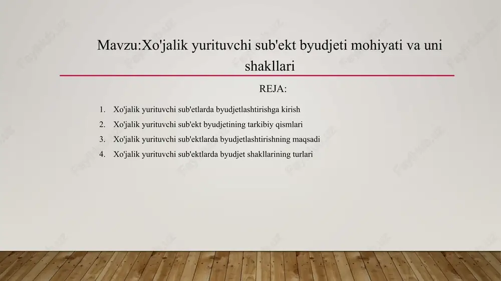 ga oladi. -bu naqd pul oqimi, kredit va qarzlarni boshqarish, shuningdek, moliyaviy risklarni tahlil qilish bilan bog'liq. -bu barcha boshqa byudjetlarni birlashtiradi va tashkilotning umumiy moliyaviy rejasini aks ettiradi. byudjetning asosiy shakllari byudjet tayyorlash jarayoni odatda tashkilotning strategik maqsadlariga asoslanadi. bu jarayonda barcha bo'limlar o'z rejalari va ehtiyojlarini aniqlaydi. - byudjetni nazorat qilish orqali tashkilot byudjet va haqiqiy natijalar orasidagi farqlarni kuzatadi va kerakli tuzatishlarni amalga oshiradi. - korxona byudjeti orqali tashkilot o'z moliyaviy holatini oldindan rejalashtiradi va boshqaradi. - byudjet resurslarni samarali taqsimlashga yordam beradi. - byudjet tashkilotning barcha darajalarida javobgarlik va nazoratni ta'minlaydi. 6 xojalik yurituvchi sub'ektlarda byudjetlashtirish jarayoni bosh byudjetni tuzishdan boshlanadi. uni tuzish quyidagi bosqichlarga ajratiladi 1.ishlab chiqarish xususiyatiga ega ustama xarajatlar smetasi; 2. ma'muriy-boshqaruv xarajatlari smetasi 3. asosiy ishlab chiqarishda band bo‘lgan xodimlarga mehnat haqi xarajatlari smetasi; 4.moddiy xarajatlar smetasi; bosh budjet - korxonaning rahbarlari uchun muhim bo‘lib, rejalashtirilgan hisobot davrida ular oldida turgan maqsad …