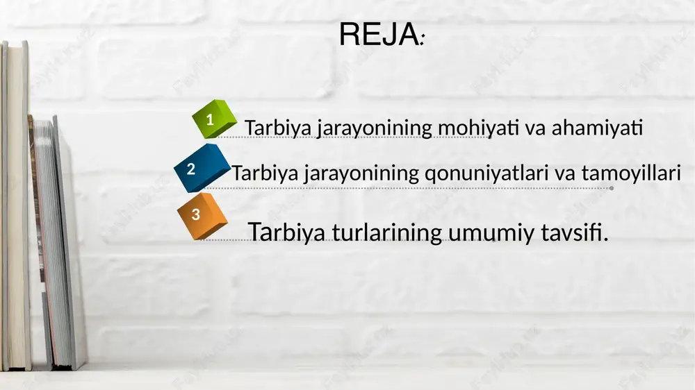 iyatlari - bu bir tomondan, ijtimoiy hodisa sifatida tarbiyaning xususiyatlari, ikkinchi tomondan, shaxsning rivojlanishi bilan bog‘liq bo'lgan barqaror aloqalar yig'indisi tarbiya jarayonining quyidagi qonuniyatlari mavjud: - ijtimoiy muhitning obyektiv va subyektiv omillarga bog'liqligi; - tarbiyaning shaxs rivojlanishi bilan birligi va o‘zaro bog'liqligi; - faoliyat va munosabatni e’tirof etish shaxsning ijtimoiy ahamiyatga ega fazilatlarini shakllantirishning negizi va asosiy manbai; - tarbiyalanuvchilarning o'zaro tarbiyaviy ta’siri, o'zaro munosabatlari hamda faol faoliyati o‘rtasidagi bog'lanish; - tarbiya va o‘zini-o‘zi tarbiyalashning intensivligi; - tarbiyalanuvchining «ichki olami»ga ta’sir etishning intensivligi; - tarbiya]anuvchilarda verbal va sensomotor jarayonlarning rivojlanish darajasi va pedagogik ta’sirni hisobga olish. tarbiya tamoyillari - bu tarbiyaviy ishning yo'nalishiga, mazmuniga, metodlari va tashkil etilishiga, tarbiya jarayonining ishtirokchilari orasidagi munosabatlarga qo'yiladigan asosiy talablar ifodalanadigan dastlabki qoidalardir. tarbiya jarayoni quyidagi tamoyillar asosida boshqariladi: ■s maqsadga qaratilganligi va g‘oyaviy yo'nalganligi; s tarbiyaning insonparvarlashuvi; s tarbiyaning hayot, mehnat bilan bog'liqligi; ■s tarbiyaga yaxlit(kompleks) yondashuv; s jamoada tarbiyalash va jamoaga suyanib …