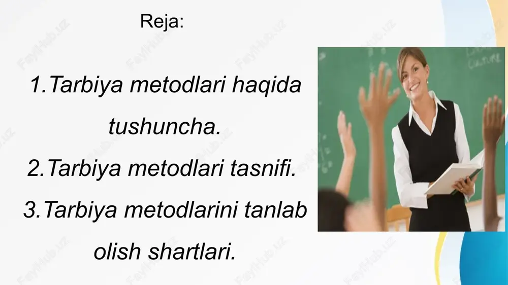 lantirish va tanbeh berishga bo'linadi. mazkur holatda metodning umumiy xarakterli belgisi o‘ziga xoslikni, qo‘llanishga yaroqlilikni aks ettiradi. bu tasnifga metodlarning ko‘proq umumlashganligi bilan ajralib turuvchi tarbiyaning umumiy metodlari mustahkam tutashib ketadi. i.s.mariyenkoning tasnifida tarbiya metodlari guruhlari quyidagicha nomlanadi: tushuntirshli-reproduktiv muammoli vaziyatli o‘rgatish va mashq metodlari rag‘batlantirish to‘sqinlik qiluvchi boshqarish tarbiyalanuvchilarga ta’sir etish natijalariga ko‘ra metodlar ikki guruhga bo‘lish mumkin: axloqiy me’yorlar, motivlarni hosil qilishga, tasavur, tushuncha, g‘oyalarni shakllantirishga ta’sir etuvchi. xulq-atvorning u yoki bu turini aniqlaydigan odatlarni hosil qilishga ta’sir etuvchi. taʻsir doirasiga koʻra metodlar uch guruhga bo‘linadi: • shaxs ongini shakllantiruvchi metodlar. • faoliyatni tashkil etish va xulq-atvor tajribalarini shakllantirish metodlari. • xulq-atvorni va faoliyatni rag‘batlantiruvchi metodlar 3.tarbiya metodlarini tanlab olish shartlari shaxs ongini shakilantirsh metodlari o‘quvchilarda ma’naviy_axloqiy sifatlar, e’tiqod hamda dunyoqarashni shakllantirish maqsadida ularning ongi, his-tuyg‘usi va irodasiga ta’sir ko‘rsatish usullari sanaladi. shaxs ongini shakllantirish (ishontirish) metodlariga quyidagilar kiradi: hikoya, tushuntirish, izohlash, ma’ruza, etik suhbat, nasihat, o’git, ko’rsatma, …