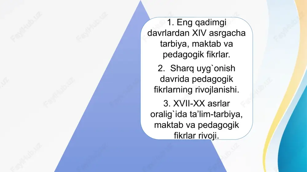 ultegin, bilga xoqon, eltarish xoqon) tabg‘ach xonlarining botirligi, siyosatdonligi, ishbilarmonligi, vatanparvar hamda elsevarligini inkor etmaydi. ayni shu jihatlarning turk xalqida mujassam bo‘lishini chin dildan istaydi. shu bilan birga tabg‘ach xonlarining boshqa xalqlar ozodligi, iqtisodiyoti, madaniy hayotiga xavf solayotgani oshkora ko‘rsatib berilgan. agar ular bu qusurlarni bartaraf etishsa, ular bilan har tomonlama aloqalarni yo‘lga qo‘yish foydali ekanligi ta’kidlanadi. musulmon maktablari va unda ta’lim-tarbiya mazmuni. vii asrdan xiv asrning birinchi yarmigacha o'rta osiyoda bir nechta turdagi ta’lim muassasalari {maktab, madrasa, qorixona, daloilxona) mavjud edi. bu yerda asosiy e’tibor diniy ilmlarni berish, ya’ni qur’on o`rgatishga qaratilgan. keyingi o`rinlarda dunyoviy ilmlar ham berib borilgan. «qur’on» - dunyo madaniyatining ulkan boyligi, barcha musulmonlarning muqaddas kitobi bo‘lib, arab tilida «qiroat» ma’nosini anglatadi. qur’on 114 suradan iborat. qur’on kishilarni birodarlikka, tinch-totuv yashashga, ezgulikka undaydi. shuning uchun ham u katta axloqiy ahamiyatga ega. islom olamida qur’ondan keyingi o‘rinda turuvchi hadislar ishonchli axloqiy manba hisoblanadi. hadislarni to‘plash ishlari viii …