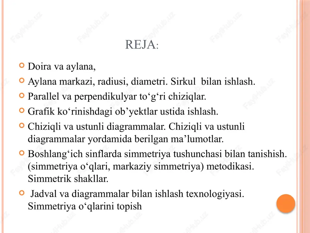 urchaklar vertikal burchaklar deyiladi. vertikal burchaklar o‘zaro teng bo‘ladi. 90° b a o a d b c • • perpendikulyar to‘g‘ri chiziqlar to‘g‘ri (90°) burchak ostida kesishuvchi to‘g‘ri chiziqlar perpendikulyar to‘g‘ri chiziqlar deyiladi. rasmda bir-biriga perpendikulyar a va b to‘g‘ri chiziqlar tasvirlangan. bu to‘g‘ri chiziqlar ab tarzda yoziladi. 572-masala 10-rasmdagi aob, aod, fod burchaklarni toping. 572-masala aob = 90° - 30° = 60° aod = 180° fod = 90° + 60° = 150° 10-rasmdagi aob, aod, fod burchaklarni toping. nuqta koordinatasi koordinatalar (lotincha: co — „birgalikda“, ordinatus — „tartiblangan“, „aniqlangan“) — nuqtaning toʻgʻri chiziq, tekislik, fazo va turli yuzalardagi holatini aniqlovchi sonlar. koordinatalar tizimi — tekislik yoki fazodagi toʻgʻri chiziq koordinatalar tizimi. rene dekart kiritgan (1637). koordinata burchagi 7-misol diagramma- jadval korinishida berilgan malumotlarni grafik korinishda tasvirlash usuli bolib, unda tasvirlangan malumot tushunishga oson bolibgina qolmay, balki ishni ham tezlashtiradi. xususan, kop sonlar va bu sonlar orasidagi bogliqlikni tasvirlashda diagrammaning …