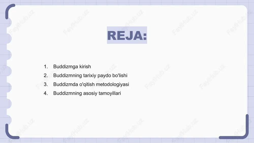 tamoyillariga e'tibor qaratish lozim. buddizmning asosiy tamoyillaridan biri azob-uqubatlarning tabiatini va ozodlik yo'lini ifodalovchi to'rtta ezgu haqiqatdir. yana bir asosiy tamoyil - bu karma tushunchasi, bu bizning harakatlarimiz kelajakdagi tajribamizni belgilaydigan oqibatlarga olib kelishiga ishonishdir. buddizmning jamiyatga ta'siri buddizmning paydo bo'lishi va ta'limoti haqida taqdimot tayyorlashda uning jamiyatga ta'sirini yoritish juda muhimdir. buddizm madaniy me'yorlar va qadriyatlarni shakllantirishda muhim rol o'ynadi. buddizm ta'limotlari rahm-shafqat, ong va ichki tinchlikni targ'ib qiladi, bu esa yanada uyg'un jamiyatga olib kelishi mumkin. ushbu tamoyillarni tushunish buddizmning ijobiy ta'sirini ko'rsatish uchun juda muhimdir. buddizm tarixi va asosiy e'tiqodlarini o'rganish orqali ushbu qadimiy falsafa qanday rezonans berishda davom etganini va odamlarni yanada ma'rifiy hayot tarziga yo'naltirishini ko'rsatish mumkin. buddizmning zamonaviy talqinlari buddizmning paydo bo'lishi va ta'limoti bo'yicha taqdimotni tayyorlashda asosiy tarixiy voqealar va asosiy ta'limotlarni yoritish muhimdir. buddizmning vaqt o'tishi bilan qanday rivojlanganligini va zamonaviy jamiyatda mavjud bo'lgan turli talqinlarni muhokama qilish juda muhimdir. buddizmning zamonaviy …