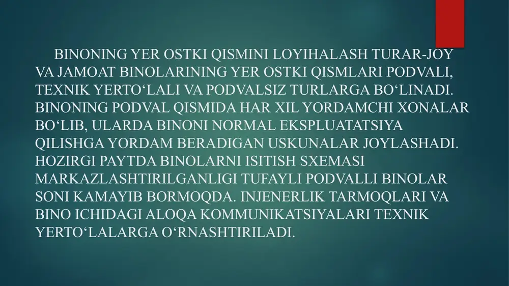 stikada yotqiziladi. bulardan tashqari, 25-30mm qalinlikda asfalt to‘shama bilan ham devorni gidroizolatsiya qilish mumkin. gorizontal gidroizolatsiya binoning birinchi qavat poli betonining sathi bilan baravar va bino atrofiga ishlangan otmostka sathidan 15-20 sm balandda joylashadi. image2.png image3.png image4.png image5.png /docprops/thumbnail.jpeg