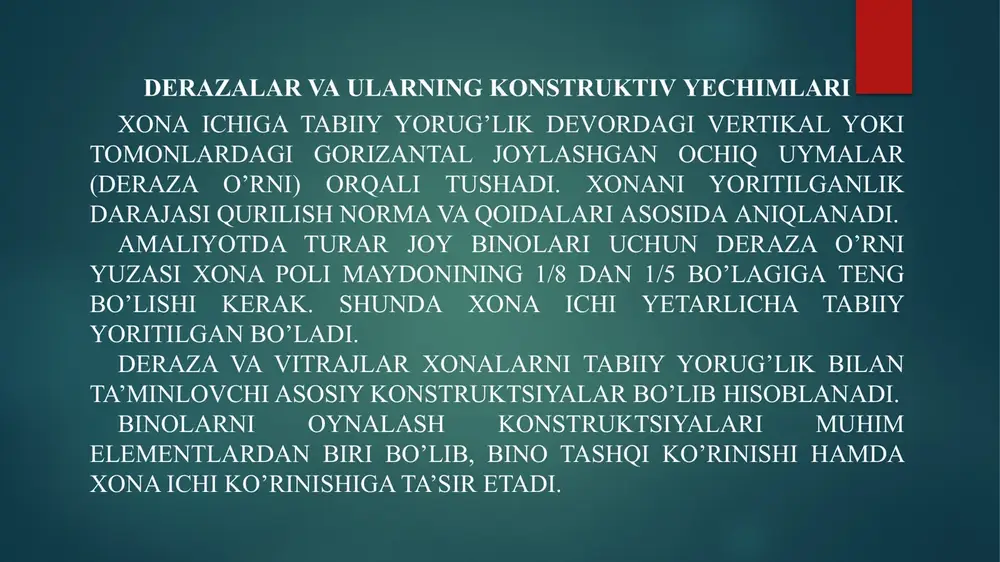 za kesakisi yog’och g’o’la va taxtalardan yasaladi bularga deraza panjaralari mahkamlanadi. katta derazalarning mustahkamligini oshirish uchun ularning kesakisi ichida qo’shimcha vertikal va gorizontal taxtachalar («impost») o`rnatiladi derazaning yuqori qismida joylashgan ochilmaydigan yoki ochiladigan bo’lagi framuga deb ataladi. deraza tavaqalari va framugani o’rab turuvchi va uni orasida joylashgan hamda tavaqalarni kichik-kichik turlarga ajratuvchi gorizontal va vertikal bruslar deraza panjaralari deb ataladi. image2.png image3.png image4.png image5.png /docprops/thumbnail.jpeg