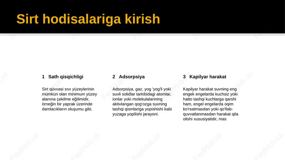 larda adsorbtsiya turlari adsorpsiya, yomon van der vaals kuchlarini o'z ichiga olgan fiziksel adsorpsiya yoki kuchiy kimyoviy bog'lanishlarni o'z ichiga olgan kimyoviy adsorpsiya orqali sodir bo'lishi mumkin. interfeysda adsorbsiya misollari adsorpsiya, suv shaklidagi sabun qabog'ida ko'rinadi, burada poverkhnost tensiyasini kamaytirish uchun suv va havoning chegarasida surfaktant molekulalari adsorb bo'lishi mumkin. interfeysda adsorbtsiyani ahamiyati interfeysda adsorbtsiya, kataliz, gaz ajratish va o'tkazuvchi suvni tuzish kabi turli sanoat jarayonlarida ahamiyatli rol o'ynaydi. sirt faol moddalar 1 2 3 sirt hodisalarining fizik-kimyosi. dispers sistemalarning fizik-kimyosi. sirt faol moddalarining tavsifi yuzlar aktiv agentlarining turlari sirt faol moddalarining misolları sirt faol moddalar yoki sirt faol moddalar, sivilar yuzasini pastroqlikka tushiradi va yuvish moddalari, emulsiyalash moddalari va ko'ngil moddalari sifatida keng qo'llaniladi. sirt hodisalarining to'rt asosiy turi mavjud sirt hodisalarining ommabop namunasi, uy tozalash vositalari, shaxsiy parvarish mahsulotlari va oziq-ovqat ishlashida ishlatiladigan sabun, natriy lauril sulfat va lesitin kabi surfaktantlar misol kolloidal tizimlar va ularning xususiyatlarini koloid …