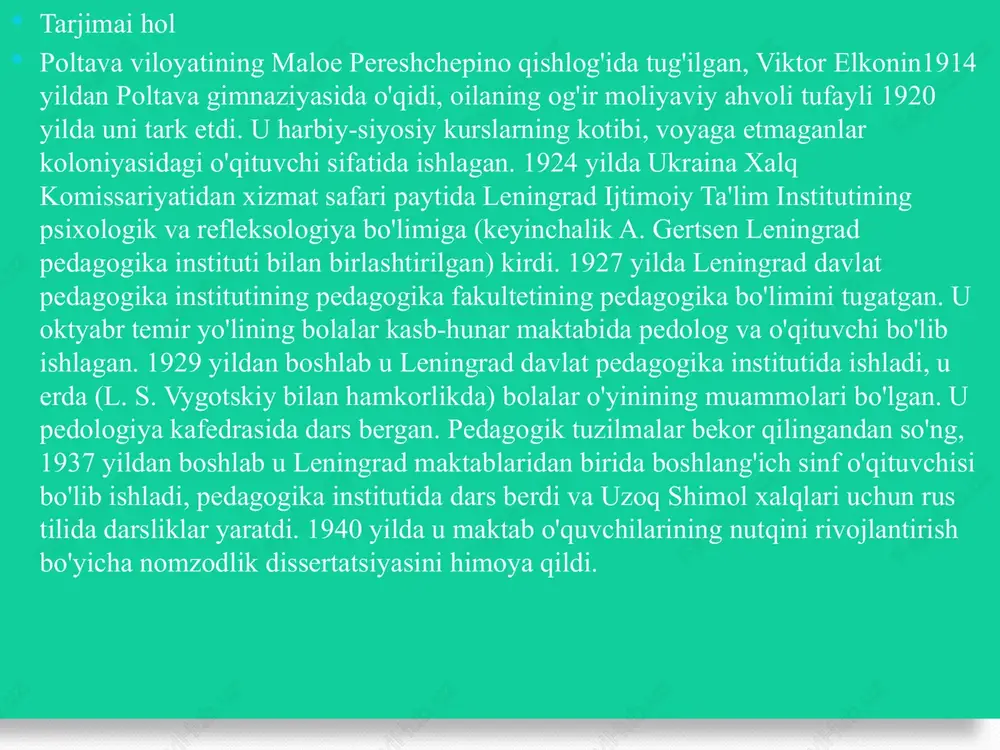 ag'ishlangan komissiya yig'ilishi bo'lib o'tishi kerak edi, ammo stalin o'sha kuni vafot etdi va u qoldirildi va keyin bekor qilindi. podpolkovnik d. b. elkonin ishdan olindi. 1953 yil sentyabr oyida d. b. elkonin rsfsr pedagogika fanlari akademiyasi psixologiya institutining (hozirgi rossiya ta'lim akademiyasining psixologik instituti) to'la vaqtli ishchisiga aylandi va u erda umrining oxirigacha ishladi. u institutdagi bir nechta laboratoriyalarni boshqargan, 1962 yilda doktorlik dissertatsiyasini himoya qilgan va 1968 yilda sssr pedagogika fanlari akademiyasining muxbir a'zosi etib saylangan. ko'p yillar davomida 1966 yilda tashkil etilgan moskva davlat universitetining psixologiya fakultetida dars bergan. ilmiy faoliyat u 1930 yilda m. ya.basovning tahriri ostida "shartli reflekslar doktrinasi" risolasini yozgan. ushbu asarda 26 yoshli d. elkonin o'quvchiga "shartli refleks" va asab tizimi tuzilishining savollari haqida batafsil tushuntirib berdi. e'tibor bering, ushbu ish uchun havolalar ro'yxatida fiziolog i.p.pavlovning familiyasi yo'q. bu shuni anglatadiki, ushbu kontseptsiyaning birinchi tadqiqotchisi bo'lish huquqi uchun mualliflar o'rtasida ba'zi bir raqobat …
