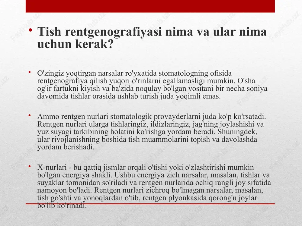 ildizida yoki tish go'shti bilan tish o'rtasida yuqish). kistalar va ba'zi turdagi o'smalar. bolalarda rentgen nurlari quyidagilarni aniqlaydi: agar parchalanish rivojlanayotgan bo'lsa. agar og'izda barcha keladigan tishlarga mos keladigan joy bo'lsa. agar donolik tishlari rivojlanayotgan bo'lsa. agar tishlarga ta'sir etilsa (tish go'shti orqali chiqa olmasa). tish rentgenografiyasining har xil turlari qanday? tish rentgenogrammasining ikkita asosiy turi mavjud: intraoral (rentgen plyonkasi og'izning ichida) va ekstraoral (rentgen plyonkasi og'izdan tashqarida). intraoral rentgen nurlari eng keng tarqalgan rentgen hisoblanadi. intraoral rentgen nurlarining bir necha turlari mavjud. ularning har biri tishlarning turli tomonlarini ko'rsatadi. tishlash rentgenogrammasi og'izning bir sohasidagi yuqori va pastki tishlarning tafsilotlarini ko'rsatadi. har bir tishlash tishlarini tojidan (ochiq yuzadan) qo'llab-quvvatlovchi suyak darajasiga qadar ko'rsatadi. tishlash rentgenogrammasi tishlarning parchalanishini va tish go'shti kasalligi natijasida suyak qalinligining o'zgarishini aniqlaydi. tishlash rentgen nurlari, shuningdek, tojning (tishni to'liq o'rab turgan qopqoq) yoki boshqa tiklanishlarning (masalan, ko'priklarning) to'g'ri kelishini aniqlashga yordam beradi. bundan tashqari, u tish …