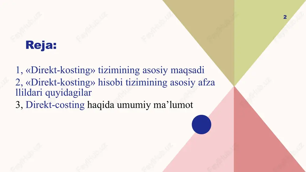 holda doimiy va o‘zgaruvchan xarajatlarga bo'lishdan iborat. dastlabki bosqichda tannarxga faqat o'zgaruvchan xarajatlar kiritilar edi, doimiy xarajatlar esa korxonaning moliyaviy natijalariga hisobdan chiqarilar edi. direct-costing-system (bevosita xarajatlar hisobi tizimijning nomi ham shundan kelib chiqqan, keyinroq «direkt-kosting» tizimi shunday hisob tizimiga aylandiki, unda tannarx faqat bevosita o ‘zgaruvchan xarajatlar qismida hisob qilinadigan bo‘ldi. «direkt-kosting» tizimining asosiy maqsadi mazkur nomdagi bir qator shartliliklar ana shundan kelib chiqqan. 70 amaliyotda «direkt-kosting» tizimini turli variantlarda qollash imkoniyati mavjud. bevosita xarajatlar bo'yicha kalkulatsiyalashni ko‘zda tutuvchi klassik «direkt-kosting» tizimida xarajatlarni kalkulatsiyalash o'zgaaivchan xarajatlar bo‘yicha amalga oshiriladi. bunda ishlab chiqarish quvvatlaridan oqilona va to ‘liq quwati bo‘yicha foydalanish xarajatlarini kalkulatsiyalash jarayoniga barcha o‘zgaruvchan xarajatlar hamda umumishlab chiqarish xarajatlarining bir qismi kiradi. bularning barchasi ishlab chiqarish quvvatidan foydalanish koeffitsientiga muvofiq aniqlanadi. «direkt-kosting» hisob tizimida moliyaviy natijalar to ‘g‘risidagi hisobot tizimi quyidagi ko‘rinishda aks ettiriladi jadval ma’lumotlari moliyaviy natijani aiiiqlash tartibidan kelib chiqib «direkt-kosting» hisob tizimi va mahsulotning to‘liq …