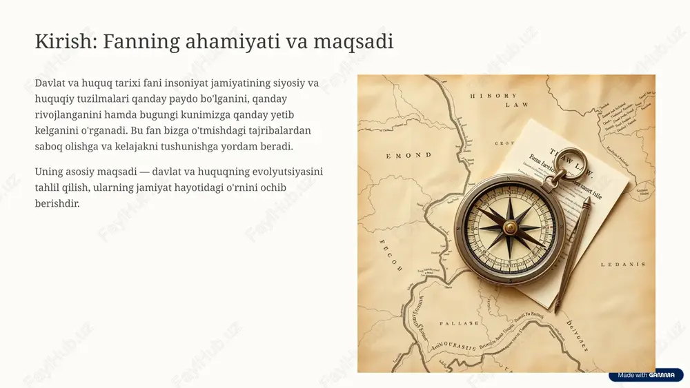 a kodekslar tizimi. 5 o'zbekiston davlatchiligi va huquqining tarixiy ildizlari o'zbekiston hududidagi davlatchilik tarixi uzoq o'tmishga borib taqaladi. bu yerda ko'plab qudratli davlatlar va ularning o'ziga xos huquqiy tizimlari mavjud bo'lgan. avestoda: dastlabki huquqiy normalar. sug'd va baqtriya: qadimgi davlatlarning huquqiy me'yorlari. temuriylar davri: "temur tuzuklari" kabi buyuk huquqiy asarlar. xonliklar davri: o'ziga xos huquqiy tizimlar. sovet davri: sotsialistik huquq tizimining joriy etilishi. mustaqillik davri: demokratik huquqiy davlat qurilishi. 6 qadimgi davlatlar va ularning huquqiy tizimlari mavjudligi va yozma yodgorliklari bizgacha yetib kelgan qadimgi davlatlarning huquqiy tizimlari bugungi huquqshunoslik uchun katta ahamiyatga ega. shumer va akkad eng qadimgi qonunlar to'plamlari. bobilliklar hammurapi kodeksi – to'liq va tizimli yozma huquq namunasi. qadimgi misr ma'at qonunlari – adolat va tartibni aks ettirgan. qadimgi hindiston manus qonunlari – diniy va ijtimoiy qoidalarning sintezi. 7 o'rta asrlar davlatchiligi va huquqiy me'yorlari o'rta asrlarda davlat va huquq tizimlari yangi shakllarga ega bo'ldi. feodal munosabatlar va …