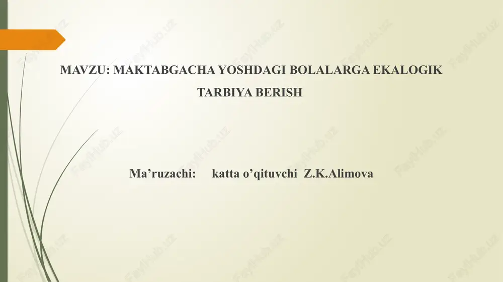 r.ekolgik ta’lim va tarbiya – bu insonni tabiatga qadam qo‘ygan vaqtdan boshlab, butun hayoti davomida tabiatdan ongli ravishda foydalanishga, psixologik, axloq-odob yuzasidan halqimizning tabiatga hurmat va e’tibor bilan qaraydigan urf-odatlarini, udumlarini tarbiyalash, tabiiy boyliklarni ko‘paytirish, bog‘u-rog‘lar, gulzorlar tashkil qilishga undashdan, uning qalbida yaxshi xislatlar uyg‘otishdan iboratdir.insonni o‘rab turgan tabiiy muhit va uning boyliklarini biladigan, undan tejamkorlik bilan foydalanadigan, saqlaydigan, tabiat boyligiga, go‘zalligiga go‘zallik qo‘shadigan, ijtimoiy va tabiiy qonunlarni biladigan bilimdon shaxsni yetishtirish - bu ekologik tarbiya maqsadi. ekologik ta’lim va tarbiyaning tub ma’nosi - tabiat va jamiyat o‘rtasidagi doimiy birlik va ularni bir-birlariga bog‘lovchi tabiiy hamda ijtimoiy qonunlarni o‘rganish, hayotga tatbiq qilishdan iboratdir.ekolgik ta’lim va tarbiya – bu insonni tabiatga qadam qo‘ygan vaqtdan boshlab, butun hayoti davomida tabiatdan ongli ravishda foydalanishga, psixologik, axloq-odob yuzasidan halqimizning tabiatga hurmat va e’tibor bilan qaraydigan urf-odatlarini, udumlarini tarbiyalash, tabiiy boyliklarni ko‘paytirish, bog‘u-rog‘lar, gulzorlar tashkil qilishga undashdan, uning qalbida yaxshi xislatlar uyg‘otishdan iboratdir.insonni o‘rab turgan …
