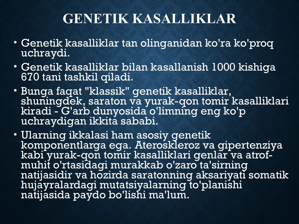 ichiga oladi. ushbu ko'p millatli sa'y-harakatlar odamlarning "genetik arxitekturasini" tushuntiradi va biologning davriy jadvalini yaratadi genetik kasalliklar tibbiy genetikadagi yutuqlarning aksariyati molekulyar biologiya, shu jumladan rekombinant dnk texnologiyasidagi hayajonli yutuqlar natijasida yuzaga keldi. rekombinant dnk texnologiyasining tibbiyotga ta'sirining ba'zi misollari diqqatga sazovordir. funktsional va pozitsion klonlashda strategik ishning sxematik tasviri. funktsional klonlash klinik fenotipdan mutant genning izolyatsiyasiga olib keladigan oqsil-biokimyoviy buzilishgacha boshlanadi. pozitsion klonlash, shuningdek, nomzod geniga yondashuvni bildiradi, gen mahsuloti haqida hech qanday ma'lumot bo'lmasa, bog'lanish tahlili orqali kasallik genini rejalashtirish va klonlashdan boshlanadi. gen mahsuloti va kasallik mexanizmini aniqlash mutant genni izolyatsiya qilishdan keyin amalga oshiriladi. genetik kasalliklar inson kasalliklarini uch toifaga bo'lish mumkin: 1. ekologik jihatdan aniqlangan, 2. genetik jihatdan aniqlangan va 3. ham ekologik, ham genetik omillar rol o'ynaydiganlar. semirib ketish birinchi toifaning vakili bo'lib ko'rinadi; biroq, bu erda ham, to'yinganlik va energiya almashinuvini boshqaradigan genlarning kashf etilishi bilan, ortiqcha ovqatlanish - va barcha buzilishlar katta …