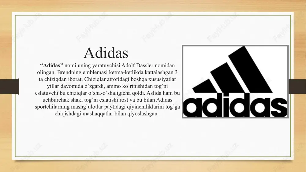 emasini shlyapa kiygan kovboyga taqqoslaydi. ammo aslida, logo kompaniyaning uzoq o`tmishi- to`qish uskunalari chiqaradigan vaqtlarini eslatadi. yana logoga diqqat bilan qarasangiz unda toyota so`zidagi barcha harflar borligini ko`ra olasiz. mercadez benz mercedez-benz markasidagi 3 qirrali yulduz kompaniya asl sifat va dizaynni yer, havo va suv orqali yetkazib bera olishlariga ishora. hyundai logoning katta qismini egallab turgan “h” harfini ko`pchilik kompaniya nomining bosh harfi deb o`ylashi tabiiy, aslida bu shakl xaridor va kompaniya xodimi qo`l bilan ko`rishayotganini ko`rsatib berish uchun o`ylab topilgan. toblerone mashhur shokoladlari bilan dunyoga keng tanilgan "toblerone", bern shahrida joylashgan. emblemadagi ayiq shaklini eslatuvchi siluet esa bern ayiqlar shahri ekanligiga ishora. formula 1 emblemadagi katta “f”ning yonida turgan qizil qatorlardan iborat 1 soni tezlikdan dalolat. coca cola “o” va “l” harflari orasidagi bo`shliqda siz daniya bayrog`ini ko`rishingiz mumkin. aslida esa kompaniya bu mamlakatni hech qanday marketing strategiyalariga dahldor emasligini bir necha bor uqtirib kelgan. pepsi pepsidagi ko`k, oq …