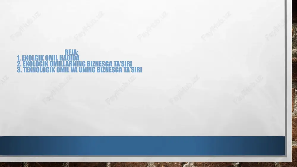 otni yo'qotish xavfisiz barcha bo'limlarning korxonaning ichki resurslariga kirishini ta'minlash korxonalarni avtomatlashtirishda foydalaniladigan tizimlar erp (ing. korxona manbalari rejasi) - korxona resurslarini boshqarish is. crm (ing. mijozlar bilan munosabatlarni boshqarish ) - mijozlar bilan munosabatlarni boshqarish uchun is. (ing. biznes razvedkasi) - biznes ma'lumotlarini yig'ish, tahlil qilish va taqdim etish is. ecm (ing. korxona kontentini boshqarish) - korxonada axborot va hujjat aylanishi is. hrm (ing. inson resurslarini boshqarish) - xodimlarni boshqarish is. scm (ing. ta'minot ulanmasi boshqaruvi) - ta'minot zanjiri boshqaruvining is. e’tiboringiz uchun rahmat image3.jpg image4.png image5.png image6.png image7.png image8.jpeg /docprops/thumbnail.jpeg