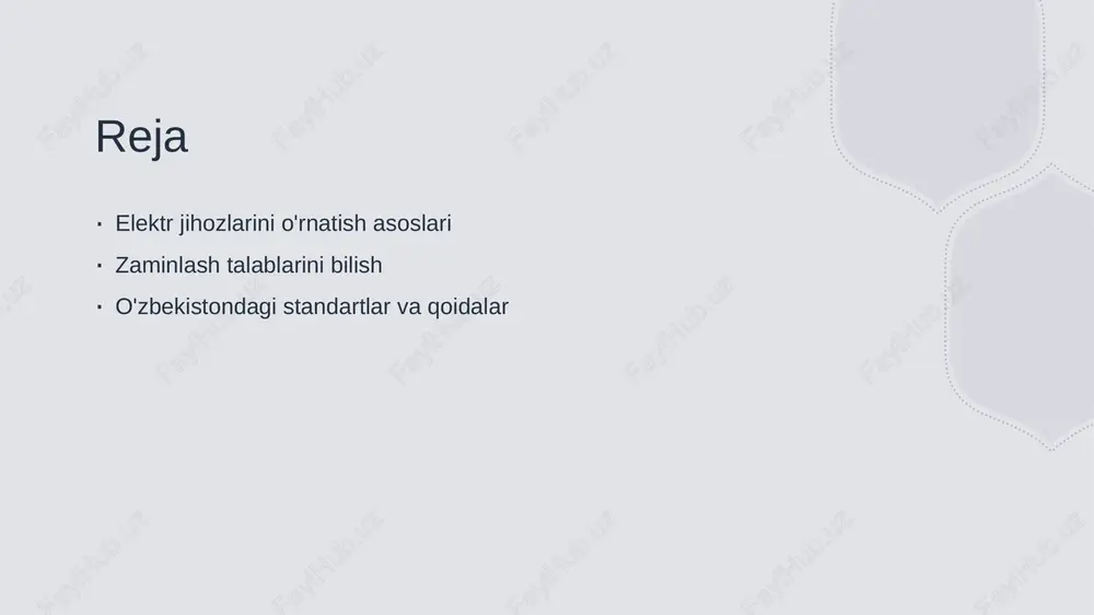 a'minlash uchun zarur. bu, elektr toki o'zgarishlarini nazorat qilishda muhim rol o'ynaydi. 02 xavfsizlik standartlari zaminlash talablariga muvofiq, xavfsizlik standartlari ishlab chiqilgan. bu standartlar elektr jihozlarining ishlashida muammolarning oldini olishga yordam beradi. 03 xavf-xatarlarni kamaytirish to'g'ri zaminlash usullari elektr jihozlarining zararlanishi va fojialarning oldini olishda samarali. bu, ish joylarida xavfsizlikni oshiradi. 04 o'zbekistondagi talablar o'zbekistonda zaminlash talablariga amal qilish, muvofiq normativ hujjatlarni e'tiborga olish zarur. bu, elektr xavfsizligini ta'minlashda zaruriydir. zaminlash jarayonida qo'llaniladigan usullar va materiallar. zaminlash jarayonida turli usullar va materiallar qo'llaniladi. asosiy usullar orasida metall va plastik zaminlash tizimlari mavjud. materiallar sifatida, mis va zanglamaydigan po'latdan foydalanish tavsiya etiladi, chunki ular yuqori o'tkazuvchanlik va korroziyaga chidamlilikni ta'minlaydi. photo by tristan maness on unsplash o'zbekistondagi zaminlash standartlari va ularning tatbiqi. zaminlash standartlari o'zbekistonda elektr jihozlarini zaminlash uchun belgilangan standartlar, xavfsizlikni ta'minlash va samaradorlikni oshirish maqsadida ishlab chiqilgan. milliy qoidalar o'zbekistonda zaminlash uchun amaldagi milliy qoidalar, xalqaro standartlarga mos kelib, …