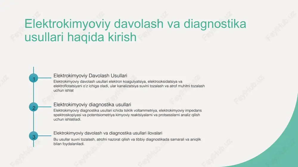 voltammetriya va differentsial narsa voltammetriya kabi usullar kiritilgan, ilova qilingan potensialning funktsiyasi sifatida joriy miqdorni o'lchash uchun ishlatiladigan diagnostik impedans spektroskopiyasi impedans spektroskopiyasi, ilovaga qo'llanilgan ac potensialiga elektrokimyoviy tizimning elektr energiyasiga javobini o'lchovchi kuchli diagnostik vosita bo'lib, elektroda kinetikasi va interfeys jarayonlari haq elektrokimyoviy shovqin tahlili elektrokimyoviy guruhlar tahlili, elektrodlar yuzasidagi potensial va joriyning o'zgarishlarini o'rganish uchun ishlatiladigan noinvaziv diagnostik usuldir, korroziya va elektrodlar reaktsiyalariga elektrokimyoviy sensorlar va biosensorlar elektrokimyoviy sensorlar biosensorlar ariza va misollar elektrokimyoviy sensorlar, elektrod yuzasidagi kimyoviy reaksiya natijasida elektr sinyallarini ishlab chiqarib, kimyoviy kontsentratsiyalarni o'lchaydi. biosensorlar biologik qismlar bilan fiziko-kimyoviy detektorlarni birlashtirib, o'lchash mumkin bo'lgan signalni ishlab chiqaradigan analitik qurilmalardir. elektrokimyoviy sensorlar va biosensorlar atrofida turli sohalar uchun qo'llaniladi, masalan, atrof muhiti monitoringi, tibbiy diagnostika va ovqat mahsulotlari sinovlari. misollar shundaydir, diabetni boshqarish elektrokimyoviy davolashning aralashmalari elektrokimyoviy su tozalashda elektrokimyoviy davolash elektrokimyoviy davolash, sanoat suvlaridan zaharli metaller va organik moddalarini olib tashlash uchun ishlatiladi, bu esa …