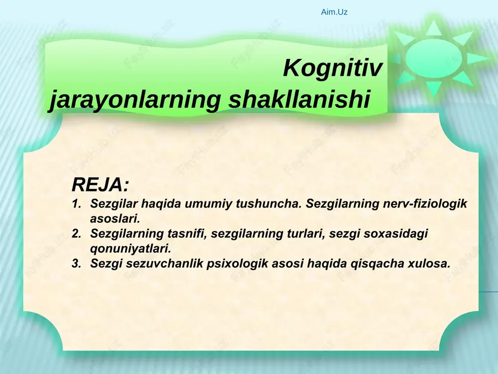 hamda retseptorlari ichki tana a'zolarida, to‘qimalarda joylashgan sezgilar; proprioretseptiv sezgilar tanamiz va gavdamizning holati hamda harakatlari haqida ma'lumot (ahborot, habar) beruvchi muskullarda, bog`lovchi paylarda, mushaklarda joylashgan sezgilar; aim.uz interoretseptiv sezgilar u borasida rus psihologi a.r.luriya tadqiqot ishini olib borgan. uning fikricha, interoretseptiv sezgilar asl, tub, ma'nodagi sezgilar emas, balki emotsiyalar bilan sezgilar o'rtasidagi oraliq sezgilar sifatida namoyon bo'ladi. psihologiya fanida mazkur sezgilar to'la o'rganilmaganligi sababli uni “noma'lum hislar” deb atalgan. aim.uz miya po‘stlog‘ining chakka qismi buzilganda, inson yuzini tanish javobgarligi yo‘qoladi va bu kasallik prosopagnoziya deb nomlanadi. unda sezgilari normal, lekin idroki normal emas. unga notanish chexrani ko‘rsatishganda u bunga e’tibor beraydi. unga tanish chexrani ko‘rsatishganda, avtonom nerv sistemasi reaksiyasi shuni ko‘rsatadiki u xavotirlanadi va terlashni boshlaydi, lekin bu inson kimligini aytib bera olmaydi. miyani buzilganligi sababli, u ma’lumotlarni sxema bo‘yicha tepadan pastga qrab ishlolmaydi – to‘plangan bilimlarni sensor ma’lumotlar bilan bog‘lay olmaydi. psychology david g. myers hope college holland, …