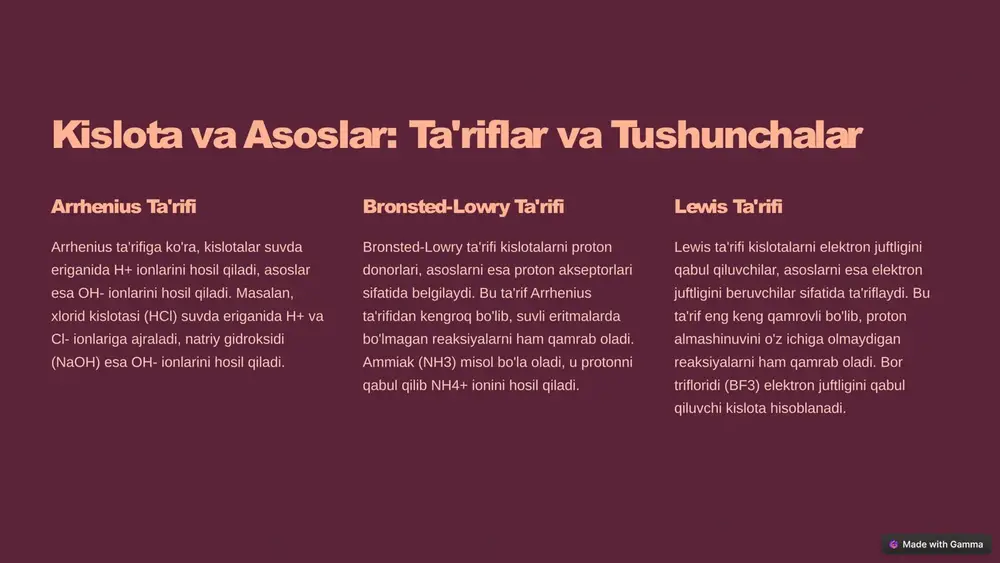 an ifodalanadi. bu suvning neytral xususiyatini belgilaydi. boshqa erituvchilar ammiak va etanol kabi boshqa erituvchilar ham avtoprotolizga uchrashi mumkin. masalan, suyuq ammiakda ammoniy (nh4+) va amid (nh2-) ionlari hosil bo'ladi. har bir erituvchi uchun o'ziga xos avtoprotoliz muvozanati mavjud. kislotalilik va asoslilik erituvchining avtoprotolizi uning kislotalilik va asoslilik xususiyatlariga ta'sir qiladi. erituvchining protonlash qobiliyati uning kislota yoki asos sifatida harakat qilishini belgilaydi. avtoprotoliz - bu erituvchining o'z-o'zidan ionlanishi bo'lib, natijada kislota va asos xususiyatlariga ega ionlar hosil bo'ladi. bu hodisa suv, ammiak va etanol kabi turli xil erituvchilarda kuzatiladi va eritmaning kislota-asos xususiyatlariga sezilarli ta'sir ko'rsatadi. 3 erituvchining dielektrik doimiysi va solvatatsiya dielektrik doimiy dielektrik doimiy ionlar orasidagi elektrostatik kuchlarga ta'sir qiladi. yuqori dielektrik doimiyga ega erituvchilar ionlar orasidagi kuchlarni kamaytiradi, bu esa ionlarning dissotsilanishini osonlashtiradi. solvatatsiya solvatatsiya - bu ionlarning erituvchi molekulalari bilan o'ralishi jarayoni. qutbli erituvchilar qutbli ionlarni yaxshiroq solvatlashtiradi, bu esa kislota va asoslarning dissotsilanishiga yordam beradi. …