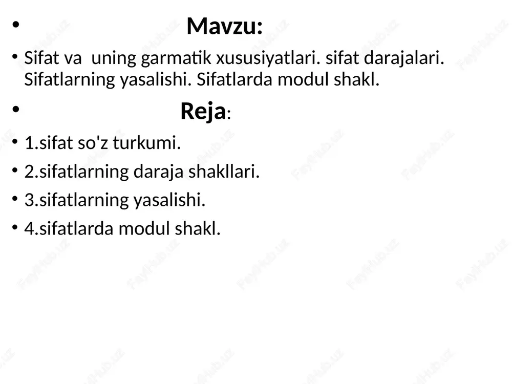 rsatish xususiyati mavjud: kuchli - kuchliroq - juda kuchli, aqlli - aqlliroq - juda aqlli. asliy sifatlarda belgining kuchaytirma va ozaytirma shakllari bor: yashil – yam-yashil, sariq - sap-sariq, qizil - qizg‘ish, qora-qoramtir. nisbiy sifatlarda bunday xususiyat yo‘q. sifat darajalari bir predmetdagi belgini boshqa predmetdagi xuddi shunday belgiga nisbatlab farqlash hodisasi sifat darajalari deyiladi. sifatlarda uch xil daraja mavjud: oddiy daraja, qiyosiy daraja, orttirma daraja. oddiy daraja sifatlari bir predmetgagina xos belgini ifodalaydi. ular belgini boshqa belgiga qiyoslamagan holda anglatadi. oddiy daraja sifatlarida hech qanday qo‘shimcha yoki yordamchi so‘z bo‘lmaydi. qiyosiy darajada bir predmetning belgisi boshqa predmetdagi xuddi shunday belgiga qiyoslanadi. orttirma daraja shakli yordamchi so‘zlar vositasida hosil qilinadi va belgining me’yordan ortiqligini ifodalaydi. orttirma daraja ma’nosini ifodalovchi yordamchi so‘zlarga quyidagilar kiradi: eng, juda , g‘oyat, g‘oyatda, bag‘oyat, o‘ta, benihoyat, nihoyat, nihoyatda kabilar. sifatlarning yasalishi sifatlar morfologik va sintaktik usulda yasaladi. morfologik usulda so‘z o‘zak, negiziga maxsus qo‘shimchalar qo‘shish orqali …