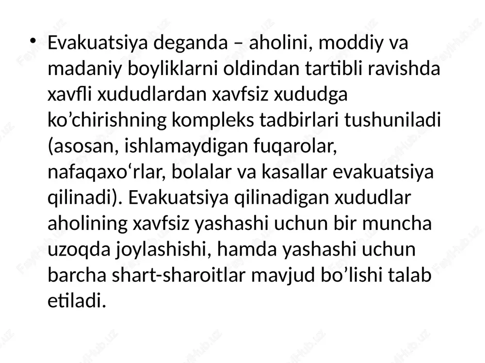 radi. kolonnaning harakatlanish tezligi tahminan 4-5 km/soat bo’lishi va kolonnalar orasidagi masofa 500 metrni tashkil etishi kerak. kolonna birinchi 1-1,5 soat harakatlanishidan keyin 10-15 minut dam olishga ruxsat etiladi. bunda odamlarga tibbiy yordam olish imkoniyati beriladi. ikkinchi va undan keyingi yurishlardan keyin evakuatsiya qilinuvchilarga ko’proq dam olish vaqti (1-2 soat) beriladi. bu vaqtda odamlar issiq ovqat bilan ta’minlanadilar va dam oladilar. mana shunday tartibda aholi ko’rsatilgan havfsiz hududga yetib boradi. evakuatsiya davomida aholining qo’rquvga tushishi yoki bezovtalanishi eng havfli ko’rsatkichlardan hisoblanib, ular quyidagi omillar ta’sirida bo’lishi mumkin: -evakuatsiya yo’llarinig kamligi; -evakuatsiya davrida yuzaga keladigan havflarni yo’qotib bo’lmasligi; -evakuatsiya yo’llarining yaroqsiz holga kelib qolganligi; katta miqyosida evakuatsiya qilinayotgan aholining berk yo’lga kirib qolishi va boshqalar. evakuatsiya davomida aholining bezovtalanishini yo’qotish uchun quyidagi omillarni bajarish zarur hisoblanadi:  evakuatsiya yo’llaridagi to’siqlarni yo’qotish;  evakuatsiya yo’llarininh yo’ritilganiligini oshirish;  evakuatsiya qilinayotganlar bilan aloqani doimiy ushlab turish;  evakuatsiya davrida ogohlantiruvchi tizimlar ishini shay …