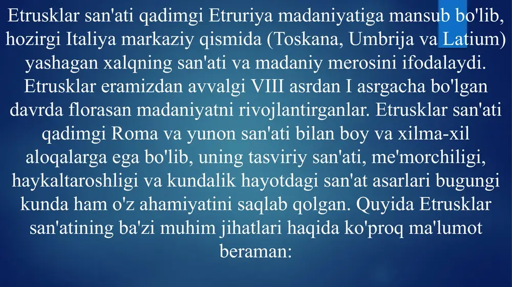 taxmin qilinadi. etrusklar haykaltaroshligietrusklar haykaltaroshlikda ko'plab tasvirlarni yaratganlar, jumladan, hayvonlar, odamlar va diniy shaxslar. etrusk haykaltaroshligi juda nozik va detallarga boy bo'lib, ular material sifatida asosan bronza, marmar va terrakota ishlatishgan. etrusklarga xos bo'lgan haykallar ko'pincha dafn marosimlariga bag'ishlangan va o'zlarining diniy tasavvurlari asosida yaratilgan.etrusk haykallari orasida eng mashhurlari – etruscan warrior haykalidir, ularning haykaltaroshlikda nafaqat odamlarni, balki shuningdek, ulkan hayvonlarni tasvirlashadi. bu haykallarni ko'plab muzeylardan topish mumkin. etrusklar me'morchiligishaharlar va qal'alar: etrusklar o'z shaharlarini mukammal rejalashtirgan va ko'plab mudofaa qal'alarini qurishgan. shaharlar to'rtburchak shaklida bo'lib, ular orasida keng ko'chalari va maydonlari bilan ajralib turar edi. etrusklar tomonidan qurilgan ko'plab qal'alar va shaharlar uzoq vaqt davomida saqlanib qolgan.maqbaralar: etrusklarga xos bo'lgan yana bir muhim yodgorlik turi bu maqbalardir. etrusklardan qolgan maqbaralar turli shakllarda bo'lib, ularning eng mashhurlari tomb of the leopards va tomb of the silver hands kabi yodgorliklardir. bu maqbaralarda turli tasvirlar, freskalar va haykallar mavjud bo'lib, ular etrusklarga …