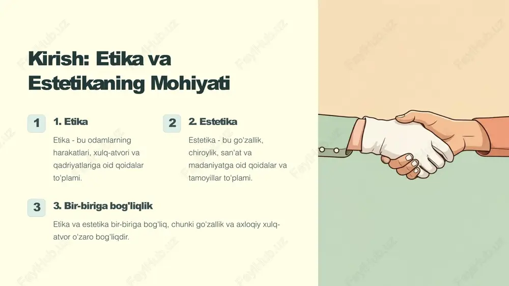 olatli muomala ta'minlanishi kerak. adolatsizlikka qarshi kurashish etika vazifasidir. murosasizlik shaxsiy qadriyatlar va tamoyillarga sodiq qolish, noto'g'ri amallar va xatti-harakatlarga qarshi turish muhimdir. 5 etikaning muhim yo'nalishlari ishbilarmonlik etikasi korxonalar va shaxslar o'rtasidagi munosabatlarni tartibga soladi. siyosiy etika siyosatchilar va jamiyat o'rtasidagi o'zaro munosabatlarni tartibga soladi. tibbiy etika shifokorlar va bemorlar o'rtasidagi munosabatlarni tartibga soladi. 6 estetikaning asosiy printsiplari go'zallik go'zallik — bu ob'ektlar, hodisalar yoki g'oyalarni idrok etishda paydo bo'ladigan estetik qiymat, o'ziga jalb qiluvchi va zavq bag'ishlaydi. go'zallik estetikaning asosiy tushunchalaridan biri bo'lib, u ko'zga yoqimli, harmonik va jozibador bo'lishi mumkin. garmoniya garmoniya — bu estetikaning muhim tamoyili, u o'zaro bog'liqlik, uyg'unlik va muvozanatni ifodalaydi. bu qismlarni birlashtirib, ular o'zaro to'ldirib, yaxlit va estetik jihatdan yoqimli tasvirni yaratadi. uyg'unlik uyg'unlik — bu estetikaning muhim tamoyili, bu qismlar o'zaro to'g'ri kelishini va bir-birini to'ldirishi mumkinligini bildiradi. uyg'unlik estetik jihatdan yoqimli va uyg'un tasvirni yaratishga yordam beradi. ifodalilik ifodalilik — …