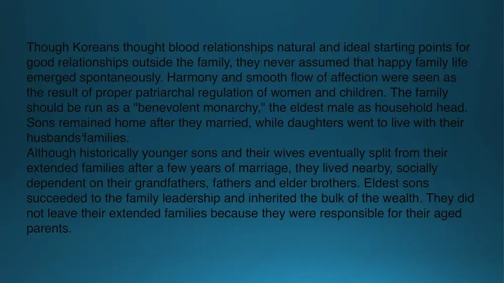 (han'gul), and in many families, to read and write classical chinese as well. girls,however, were considered "outsiders who will leave the family," and the majority were not taught to read or write even the korean alphabet. a girl by seven usually knew her position in the family was inferior to her brothers' because when she married she left the family. under the old family system parents arranged marriages without the consent of their children, either female or male. since daughters left their parents to live with their husbands' families, marriage was often traumatic for them. new wives, of course, tried to please their husbands, but more important, they had to please their mothers-in-law.the mother-in-law directed the new wife in her housework and had the power to send the bride back home in disgrace if the bride seriously displeased her. sometimes this adjustment was hard for the bride. a humorous korean …