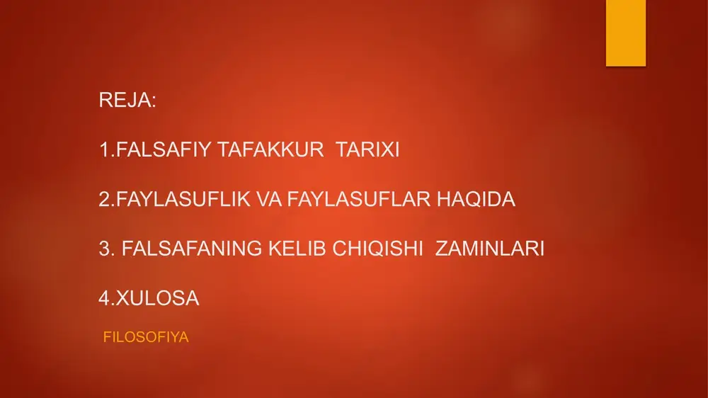 anish barcha xalqlarga tegishli umumiy hodisa ekanini isotladi. buyuk grek faylasufi epikur (eramizdan avvalgi 470-399)-yiilarda yashagan) bu haqiqatni quyidagicha ifoda etgan:”oz ozingni yerga urish , tubanlashish nodonlikdan boshqa narsa emas, o`zligingdan yuqori turish esa - faylasuflikdir” sharqda ham konfutsiy va moniy, xorazmiy va farobiy, imom buxoriyva imom termiziy, beruniy va ibn sino naqshband va navoiy kabi donishmand bobolarimiz oz hayotiy kuzatishlari va tajribalarini umumlashtirish, insonga xos xató va kamchiliklarda saboq chiqarish , bashariyat tomonidan toplangan bilim va tajribalarni ozlashtirish orqali faylasuf darajasiga kotariganlar. filosofiya “dunyoqarash” tushunchasi ozlikni anglash, vatanpavarlik,milliy g`urur, tarixiy xotira, manaviy barkamollik kabi tuyg`u va tushunchalar bilan uviy bogliq holda shakllanadi. chunki, dunyoqarash aynan ana shu ruhiy ijtimoy hodisalar orqali oydinlashadi, insoniy qadriyatlarni tarixiy bir bolagiga aylanadi. inson ongli ijtimoiy mavjudot bo`lgani uchun, uning dunyoqarashi muayyan ehtiyoj va manfaatlarga asoslanadi. filosofiya falsafiy dunyoqarash, mazmun-mohiyatiga ko`ra, ma`naviy faoliyat bosgani bois , u borliqqa bolgan ongli, insoniy munoabatning muayyan yonalishlarini …