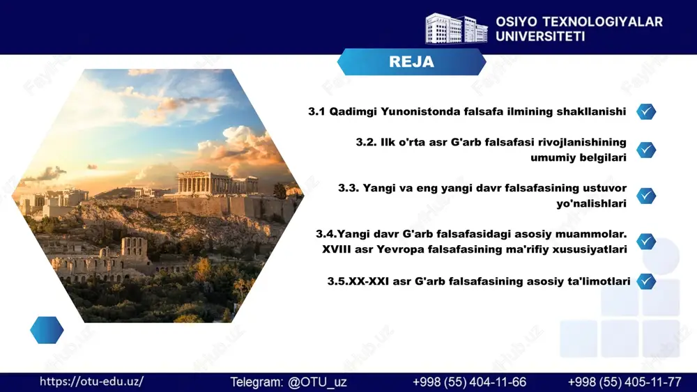 rim falsafasining o'zaro ta'siri. (qadimgi yunon falsafasi rim davlatchiligi doirasida rivojlangan va o'zida uning ta'sirini sezgan, ayni paytda qadimgi rim falsafasi qidimgi yunon g'oyalari va an'analari zaminida shakllangan) mark avreliy qadimgi yunon va qadimgi rim falsafasi-antik falsafada o'z ifodasini topadi; antik falsafaga zabt etilgan xalqlarning an'ana va g'oyalarining ta'siri tit lukresiy kar falsafa, faylasuf va davlat institutlarining yaqinligi. (seneka rim imperatorini tarbiyalagan, mark avreliyning o'zi imperator bo'lgan); stoiklar tabiat muammolariga e'tiborning nisbatan kamligi; inson, jamiyat davlat muammolariga e'tiborning kuchliligi; dastlabki nasroniylar estetikaning gullab yashnashi, (falsafaning predmeti inson xulq-atvori va fikri bo'lgan); suqrotgacha bo'lgan davr (e.a. vii-v asr) ularning asosiy muammosi tabiat hodisalarini tushuntirish, kosmos mohiyati, tevarak-atrof, borliqning kelib chiqishi edi, falsafa uslubi – o'z dunyoqarashini bayon qilish va ularni dogmaga aylantirish «suqrotgacha bo'lgan faylasuflar, bu davrning vakillari" eley maktabi barcha boshqa faylasuflar milet maktabi – "fiziklar" fales, anaksimandr, anaksimen atomchilar (demokrit, levkipp) klassik (mumtoz) suqrot davri (er.av. v asr o'rtasi …