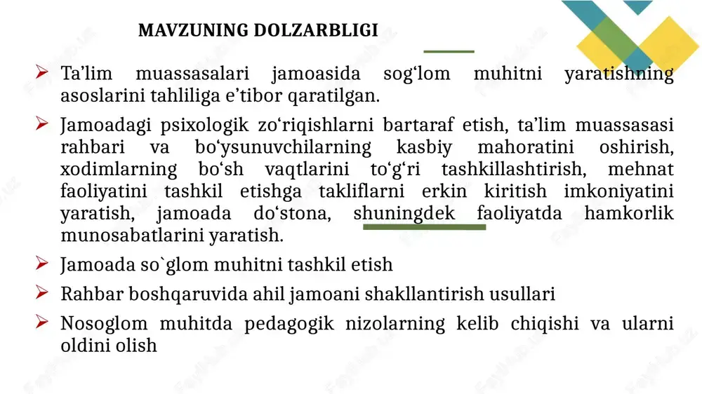 nli buyrugʻi; o‘zbekiston respublikasi xalq ta’limi vazirligi o‘zbekiston respublikasi moliya vazirligi o‘zbekiston respublikasi sog‘liqni saqlash vazirligining “umumta’lim muassasalarida sinflarni komplektlash hamda tarifikatsiya ro‘yxatlarini shakllantirish tartibi to‘g‘risidagi nizomni tasdiqlash haqida”gi 2020-yil 20-iyundagi 8-mh, 28, 124/1-son qo‘shma qarori; o‘zbekiston respublikasi vazirlar mahkamasining 2019-yil 30-sentabrdagi “umumiy o‘rta ta’lim muassasalarining o‘rnak ko‘rsatgan xodimlarini moddiy rag‘batlantirish tartibini takomillashtirish to‘g‘risida”gi 823-sonli qarori; safarova r. o‘quvchilarda o‘zaro do‘stona munosabatlarga asoslanib hamkorlikda faoliyat ko‘rsatish ko‘nikmalarini shakllantirishga oid nazariy-amaliy yondoshuvlar. t.: fan-texnologiya. 2012. turopovna, baratova nasiba. "pedagogik jamoa va uni shakllantirish yo ‘llari, uslublari." integration of science, education and practice. scientific-methodical journal 3.5 (2022): 283-290. abdusamatova, osiyo olimjanovna, and mekhriddin mukhiddin ugli xusniddinov. "pedagoglar jamoasini boshqarishning psixologik xususiyatlari." academic research in educational sciences 2.special issue 1 (2021): 343-348. kasimova, z. x. (2021). ta’lim muassasalari jamoasida sog ‘lom muhitni shakllantirishning pedagogik-psixologik asoslari. oriental renaissance: innovative, educational, natural and social sciences, 1(special issue 3), 362-368. 4 maqsad maktabda ma’muriyat va pedagog …