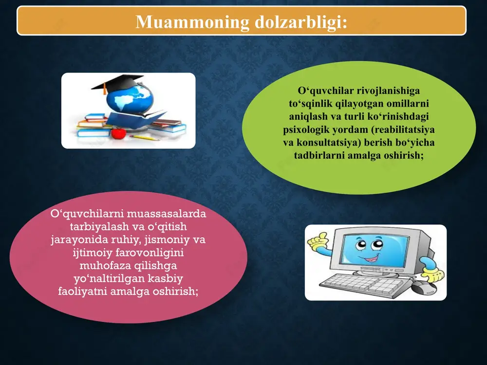 'yicha ishlar amalga oshiriladi. qiyosiy tahlil etilganligi amaldagi holat (o‘zbekistonda) amaldagi holat (xorijda) taklif o‘zbekiston maktablarida o‘quvchi sonidan kelib chiqib aksariyat maktablarda bir nafar psixolog faoliyat olib boradi. fransiyada maktab psixologiyasi bo‘yicha bir mutaxassis, ta’lim psixologiyasi bo‘yicha bir mutaxassis, psixomotor rivojlanish bo‘yicha bir mutaxassisni o‘z ichiga oladi. psixolog shtatini qayta ko‘rib chiqish kerak. o‘zbekistonda ta’lim tizimida psixologlar o‘quvchilardagi balog‘at davrida uchraydigan muammolar bilan chuqurroq ishlashlashdagi kamchiliklar. angliyada maktablarda o'qituvchilarga o'quvchilarning hissiy farovonligi bilan ishlash ko'nikmalarini o'rgatish, psixologik maslahat berish, muammolarning oldini olish dasturlarini ishlab chiqish va qo'llab-quvvatlash muhiti yaratib beriladi. o'z-o'zini boshqarish ko'nikmalarini o'rgatish, hayotdagi qiyinchiliklarni osonroq yengishga yordam beradi. qo'llab-quvvatlashni o'z ichiga olgan ta'lim muhitini yaratishga yordam beruvchi loyihalarni amalga oshirish, bunda o'quvchilarning sog'lom fikrlari va his-tuyg'ularini boshqarish ko'nikmalarini shakllantirishga yordam berish. xulosa maktablarda psixologik faoliyatni to'g'ri yo'lga qo'yishda uchraydigan muammolarni bartaraf etish uchun maktab psixologlariga yetarli shart sharoit yaratib berish , ularni o‘z vaqtida kasbiy bilim maxoratlarini oshirishlari …