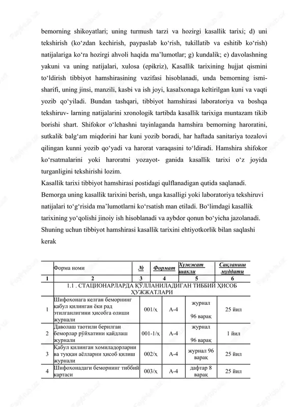 gi kasallik tarixi; d) uni tekshirish (ko‘zdan kechirish, paypaslab ko‘rish, tukillatib va eshitib ko‘rish) natijalariga ko‘ra hozirgi ahvoli haqida ma’lumotlar; g) kundalik; e) davolashning yakuni va uning natijalari, xulosa (epikriz), kasallik tarixining hujjat qismini to‘ldirish tibbiyot hamshirasining vazifasi hisoblanadi, unda bemorning ismi-sharifi, uning jinsi, manzili, kasbi va ish joyi, kasalxonaga keltirilgan kuni va vaqti yozib qo‘yiladi. bundan tashqari, tibbiyot hamshirasi laboratoriya va boshqa tekshiruv- larning natijalarini xronologik tartibda kasallik tarixiga muntazam tikib borishi shart. shifokor o‘lchashni tayinlaganda hamshira bemorning haroratini, sutkalik balg‘am miqdorini har kuni yozib boradi, har haftada sanitariya tozalovi qilingan kunni yozib qo‘yadi va harorat varaqasini to‘ldiradi. hamshira shifokor ko‘rsatmalarini yoki haroratni yozayot- ganida kasallik tarixi o‘z joyida turganligini tekshirishi lozim. kasallik tarixi tibbiyot hamshirasi postidagi qulflanadigan qutida saqlanadi. bemorga uning kasallik tarixini berish, unga kasalligi yoki laboratoriya tekshiruvi natijalari to‘g‘risida ma’lumotlarni ko‘rsatish man etiladi. bo‘limdagi kasallik tarixining yo‘qolishi jinoiy ish hisoblanadi va aybdor qonun bo‘yicha jazolanadi. shuning …