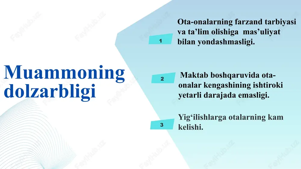 chi uy tarbiyasi. bu ona vazifasidur. ikkinchi, maktab va madrasa tarbiyasi. bu ota, muallim, mudarris va hukumat vazifasidur, – deb javob bersak, bir kishi deyurki, qaysi onalarni aytursiz, bilimsiz, boshi paqmoq, qo‘li to‘qmoq onalarmi? o‘zlarida yo‘q tarbiyani qaydan olib berurlar», der . mana, bu so‘z kishining yuragini ezar, bag‘rini yondurar. otasiga nima dersiz, desak , qaysi ota? to‘ychi, uloqchi, bazmchi, do‘mbirachi, karnaychi, surnaychi, ilm qadrini bilmagan, ilm uchun bir pulni ko‘zlari qiymagan, zamondan xabarsiz otalarni aytursizmi? avval o‘zlarini o‘qitmak, tarbiya qilmak lozimdur, – der. mana bu so‘zni eshitgach, umid qo‘llari qo‘ltuqg’a urilur. xayr, bo‘lmasa muallimchi desak, qaysi muallim? maqsadi pul, maslagi shuhrat, yuqori maktablarda o‘qumagan, “usuli ta’lim” ko‘rmagan muallimlarni aytursizmi? avval o‘zlari dorilmualliminlarda o‘qimaklari, so‘ngra dars bermaklari lozimdur, – der. mana bu so‘z insonni hayrat daryosiga g‘arq qilur. = 1 ota-onalar kengashi maktab hayotida yuzaga keladigan muammolarni aniqlash va ularni hal qilishda yordam berish. 2 ota-onalar kengashi a’zolarini o‘quv jarayonlariga …