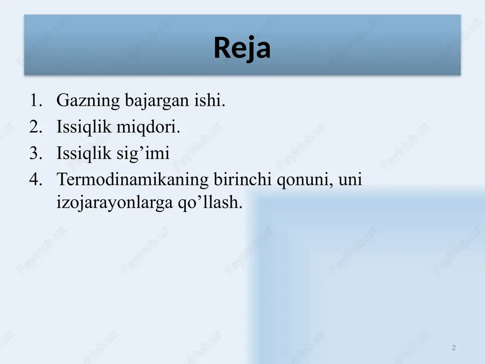 10 10 molyar gaz doimiysi r ning fizik ma’nosi molyar gaz doimiysi qiymat jihatdan temperaturasi izobarik ravishda bir kelvinga qizdirilgan bir mol ideal gaz bajaradigan ishga teng. 11 11 moddaning solishtirma issiqlik sig’imi (c) – 1 kg moddani 1 kelvinga isitish uchun zarur bo’lgan issiqlik miqdoriga teng kattalik. moddaning molyar issiqlik sig’imi (sμ) –1 mol moddani 1 kelvinga isitish uchun zarur bo’lgan issiqlik miqdoriga teng kattalik. issiqlik sig’imi j j kg mol 12 12 o’zgarmas hajmdagi molyar issiqlik sig’imi termodinamikaning birinchi qonunidan δa= pdv va ni hisobga olgan holda 1 mol gaz uchun olamiz hajm o’zgarmas bo’lganida v=const tashqi kuchlar bajargan ish nolga teng δa=0 gazga tashqaridan beriladigan issiqlik faqat uning ichki energiyasini oshirishga sarf bo’ladi. bo’lgani uchun 13 13 bosim o’zgarmas bo’lganida molyar issiqlik sig’imi gaz o’zgarmas p=const bosimda qizdirilsa u holda mendeleyev-klayperon tenglamasini differensiallab, quyidagini olamiz - mayer tenglamasi sr har doimsv dan universal gaz doimiysi miqdoricha kichik. …