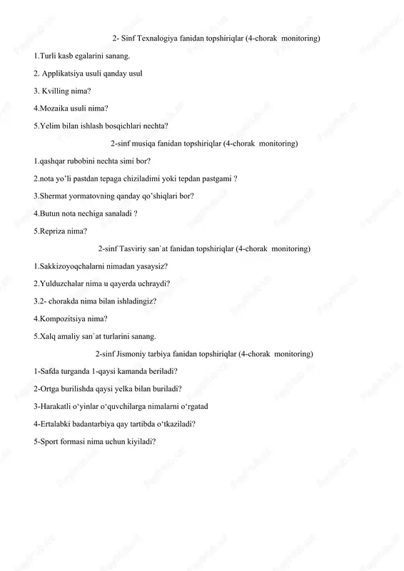 ladi? 3- sinf texnalogiya fanidan topshiriqlar (4-chorak monitoring) 1.kiviling san`ati nima? 2.qaychi bilan ishlash bosqichlari nechta? 3.duradgorlik asboblarini sanang. 4.ip turlarini sanang 5.insonga o`hshash robotlar nima deyiladi. 3- sinf musiqa fanidan topshiriqlar (4-chorak monitoring) 1-trio nima? 2.major va minorni qanday farqi bor? 3-torli cholg’ularga nimalar kiradi? 4-pauza nima? 5-kvartet nima? 3- sinf jismoniy tarbiya fanidan topshiriqlar (4-chorak monitoring) 1-tezkorlik deganda nimani tushunasiz? 2-kuch deganda nimani tushunasiz? 3-harakatli oʻyinlarda harakat qilish bolaning qaysi organiga maksimal kuchlanish beradi? 4-jismoniy tarbiya darsi necha qismdan iborat? 5-argʻamchi bilan sakrash qanday sifatlarini oʻz ichiga oladi? 3- sinf tasviriy san’at fanidan topshiriqlar (4-chorak monitoring) 1.yoʻlsimon naqsh ishlang. 2.mevalardan tuzilgan natyurmort ishlang. 3."tandirnon mavzusida" rasm ishlang. 4."piyoz" tasvirini chizing. 5."baliqcha" rasmini ishlash. 3- sinf texnalogiya fanidan topshiriqlar (4-chorak monitoring) 1.kiviling san`ati nima? 2.qaychi bilan ishlash bosqichlari nechta? 3.duradgorlik asboblarini sanang. 4.ip turlarini sanang 5.insonga o`hshash robotlar nima deyiladi. 3- sinf musiqa fanidan topshiriqlar (4-chorak monitoring) 1-trio nima? …