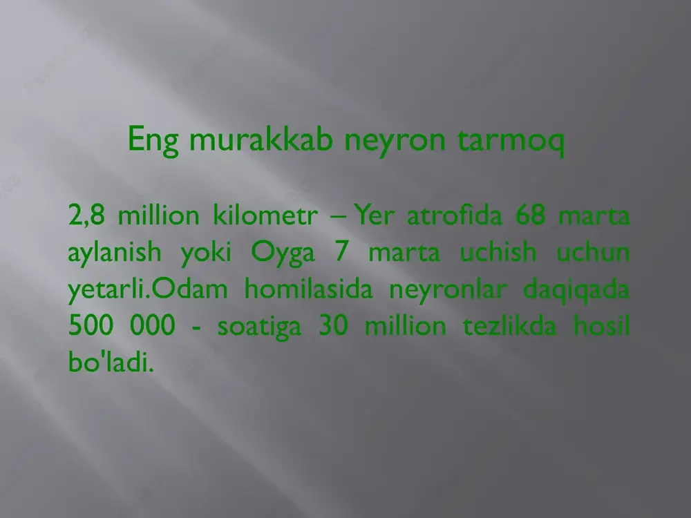 ini tashkil qiladi. miya bog’lanishi miya ko’prigi miyacha o’rta miya o’rta miya katta yarim sharlar korpus kallosum oq modda kulrang modda oq modda miyani orqa miya bilan bog'laydigan yo'llarni, shuningdek, miya qismlarini tashkil qiladi alohida klasterlar (yadrolar) ko'rinishidagi kulrang materiya oq moddaning ichida joylashgan bo'lib, miya yarim korteksini ham hosil qiladi. miya yarim sharlari bilan bog'liq: xotira nutq tafakkur ijodiy jarayonlar shaxsiy sifatlar markaziy asab tizimi orqa miya (medulla spinalis) umurtqa pog‘onasiga o‘ralgan bo‘lib, u arqoncha bo‘lib, oldingi orqa yo‘nalishda bir oz yassilangan, uzunligi 41-45 sm. orqa miyaning yuqori chegarasi birinchi bel umurtqasining yuqori qirrasidir. pastki chegara - ikkinchi bel umurtqasining yuqori qirrasi. bu darajadan orqa miyaning qolgan membranalari majmuasini ifodalovchi filum terminale deb ataladigan qism boshlanadi. u orqa miya kanalining sakral qismiga tushadi va periosteumga yopishadi. orqa miya segment - bu orqa miya kulrang moddasining bir qismi bo'lib, undan oldingi va orqa bir juft ildiz mavjud. bachadon bo'yni 8 …