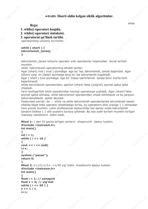 diga bo'lsa, bu operatorni blok orasiga { } olmasdan ham yozish mumkin. lekin professional dasturchilar har qanay xolda takrorlanish tanasini blokka { } olib yozishni tavsiya qilishadi. bu esa sodir bo'lishi mumkin bo'lgan mantiqiy xatoliklarni oldini oladi. misol 1: 1 dan 10 gacha bo'lgan sonlarni chiqaruvchi dastur tuzilsin. #include int main() { int i = 1; while ( i int main() { float i = 1; // sanagich float s = 0; // yig'indi while ( i #include int main() { int x, y = 0, u = 0; srand(time(null)); x = rand() % 1000 + 1; cout > y; u++; if (x > y) cout << "kompyuter o'ylagan son katta" << endl; else if (x < y) cout << "kompyuter o'ylagan son kichik" << endl; } cout << "qoyil topdingiz!!!" << endl; cout << "urinishlar soni=" << u << endl; system ("pause"); return 0; } savol va topshiriqlar 1. …