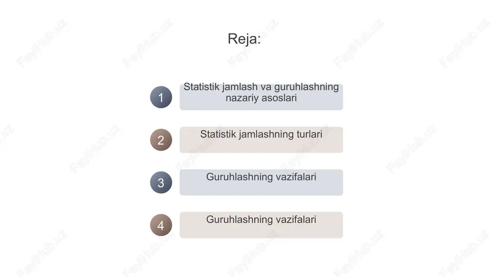 a boshqa unga mos keladigan belgilarga tayanish zarur. 5 statistik kuzatishdan olingan tarqoq ma’lumotlar har bir hodisa va jarayonlarni ifodalaydi. kuzatish to‘plamdagi hodisa va jarayonlarning muhim tamonlarini, o‘ziga xos xususiyatlarini o‘rganish uchun ularni muxim belgilariga qarab guruhlarga ajratish lozim. 6 2 demak, statistik guruhlash deb hodisa va jarayonlarni har tamonlama, chuqur o‘rganish uchun kuzatish to‘plami ma’lumotlarini muxim belgilariga qarab guruhlarga ajratishdir. masalan korxonalarni mulkchilik asosiga ko‘ra davlat, jamoa, aksiyadorlik, qo‘shma, xususiy; korxonalar guruhlarga kattaligiga qarab (kichik, o‘rta va yirik); samaradorlik darajasiga qarab (yaxshi, o‘rta va qoloq) guruhlarga ajratish mumkin. ma’lumotlarni guruhlashda eng avvalo guruhlash belgisi va oralig‘i aniqlab olinadi. guruhlash belgisi deyilganda guruhlash uchun asos qilib olingan belgi tushuniladi. guruhlash uchun asos qilib kuzatish oldiga maqsad va vazifa qilib qo‘yilgan hodisa va jarayonlarning mohiyatini to‘liq ifodalab beruvchi, zamonaviy ijtimoiy-iqtisodiy ko‘rsatkichlar mazmunini yoritib bera oladigan belgilar olinadi. 1 7 lorem ipsum dolor lorem ipsum dolor sit amet, consectetur adipisicing elit. 3 …